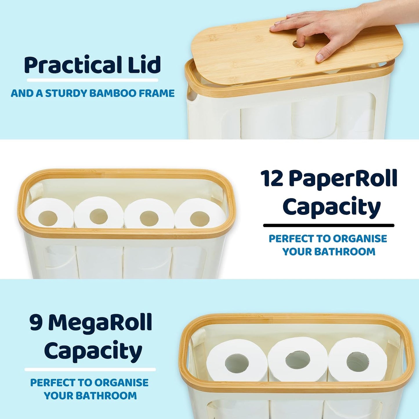Toilet Paper Storage with Lid, Large Toilet Paper Holder for up to 12 Rolls, Free Standing Bathroom Storage Organizer