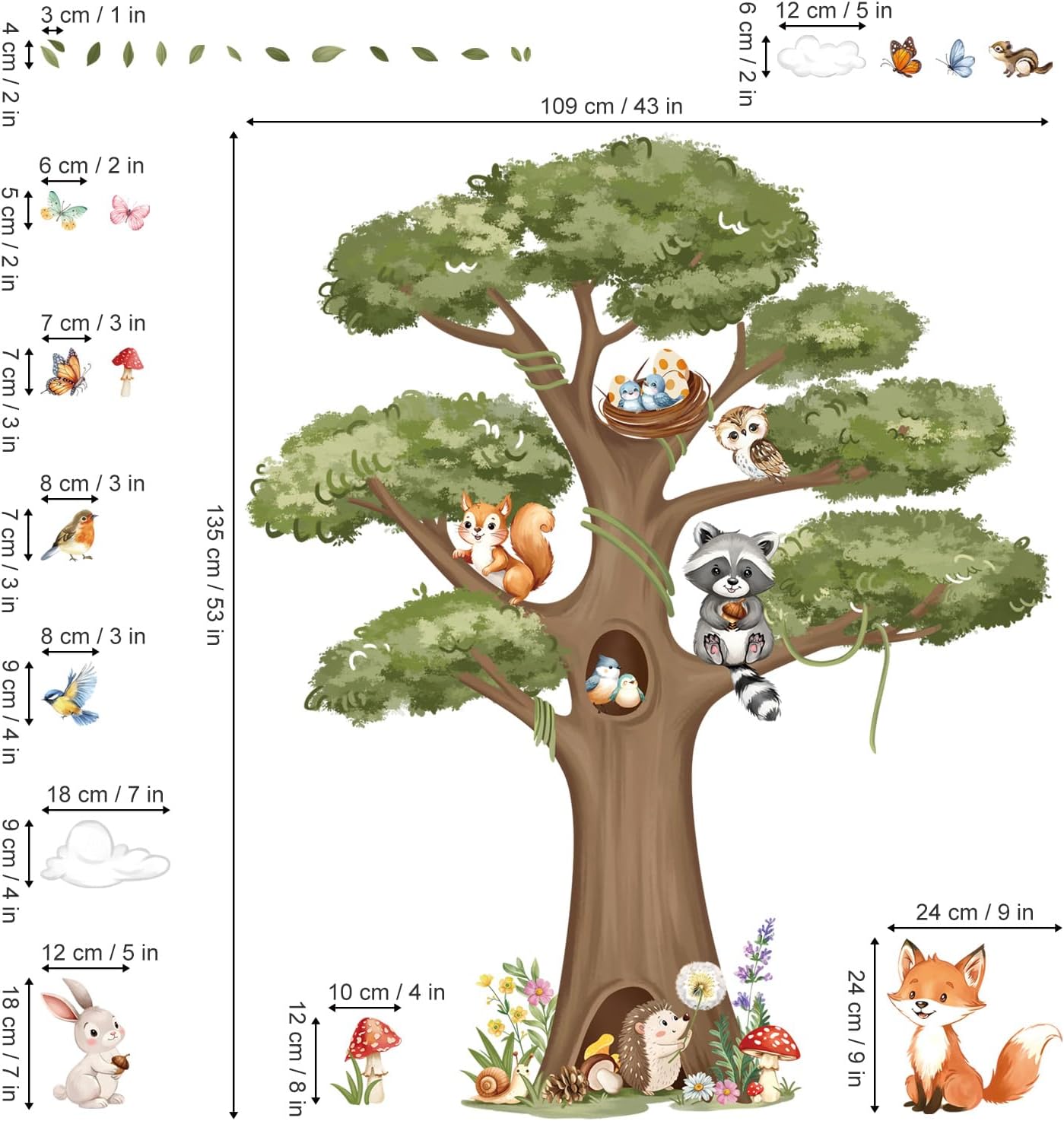Woodland Animals Large Tree Wall Stickers Forest Animal Fox Rabbit Hedgehog Wall Decals Kids Room