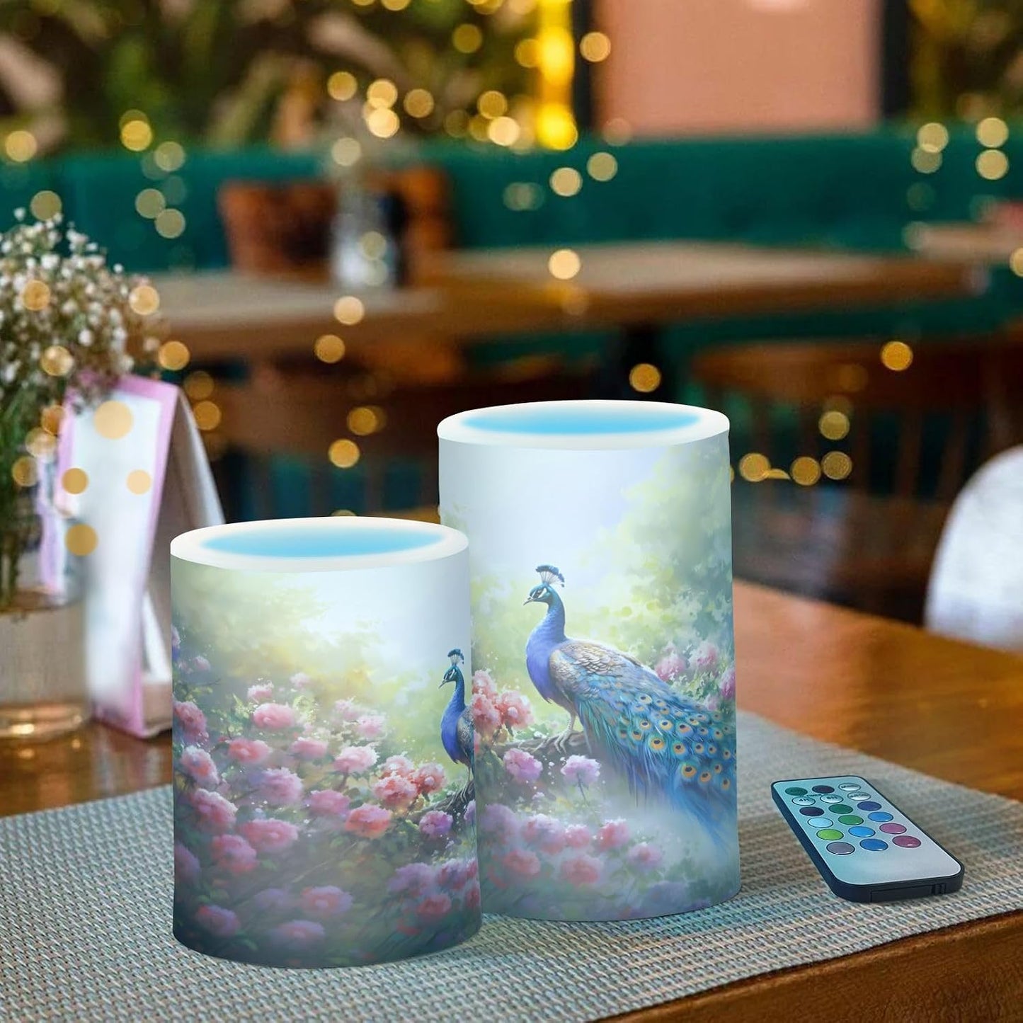 Flickering Flameless Candles, Peacock Flowers LED Candles with Remote Timer, Set of 2 Battery Operated Candle for