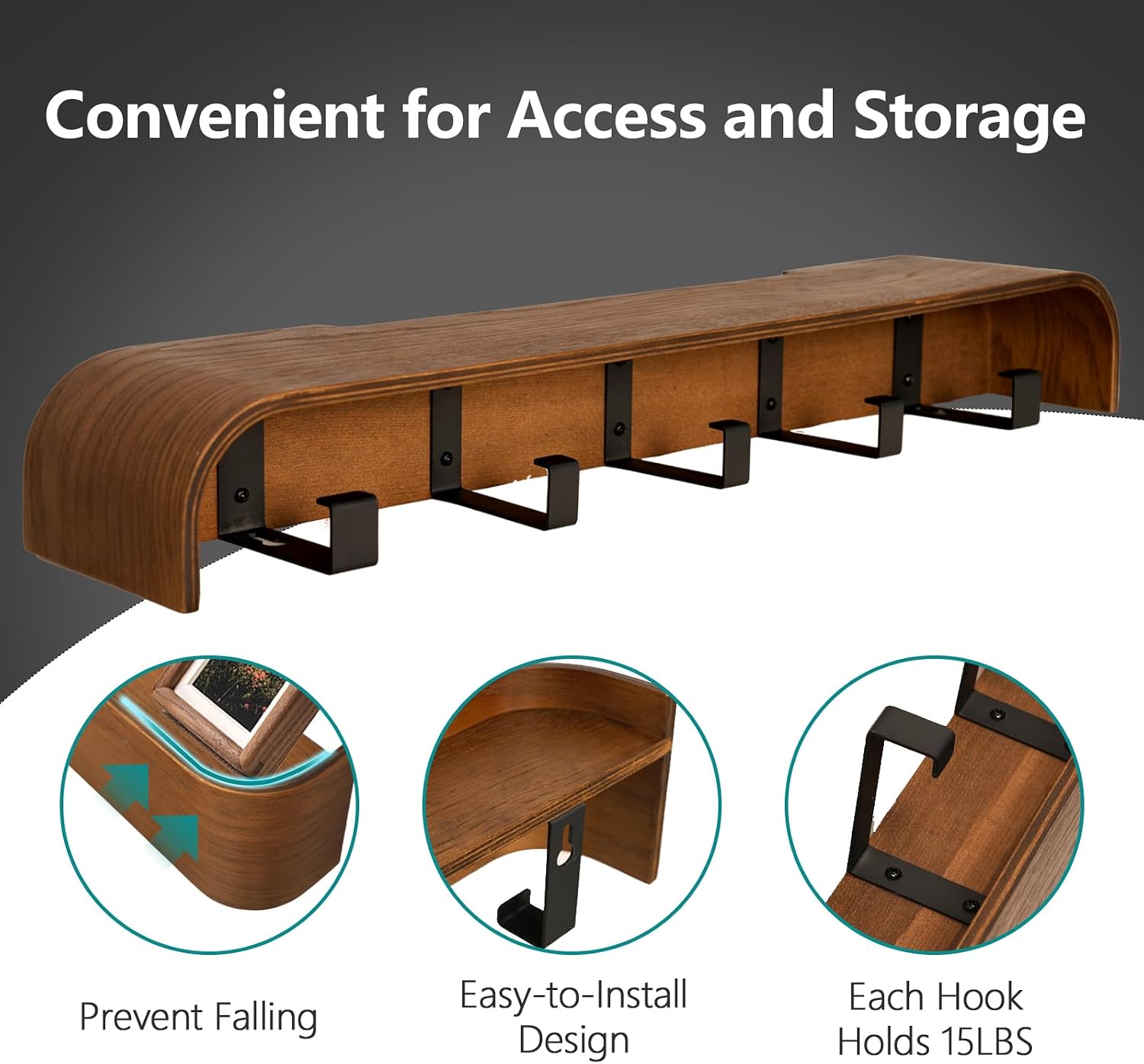 Coat Rack Wall Mount with Hidden Hooks Modern Key Holder Wood Entryway Hook with Shelf for Bedroom Kitchen Hallway
