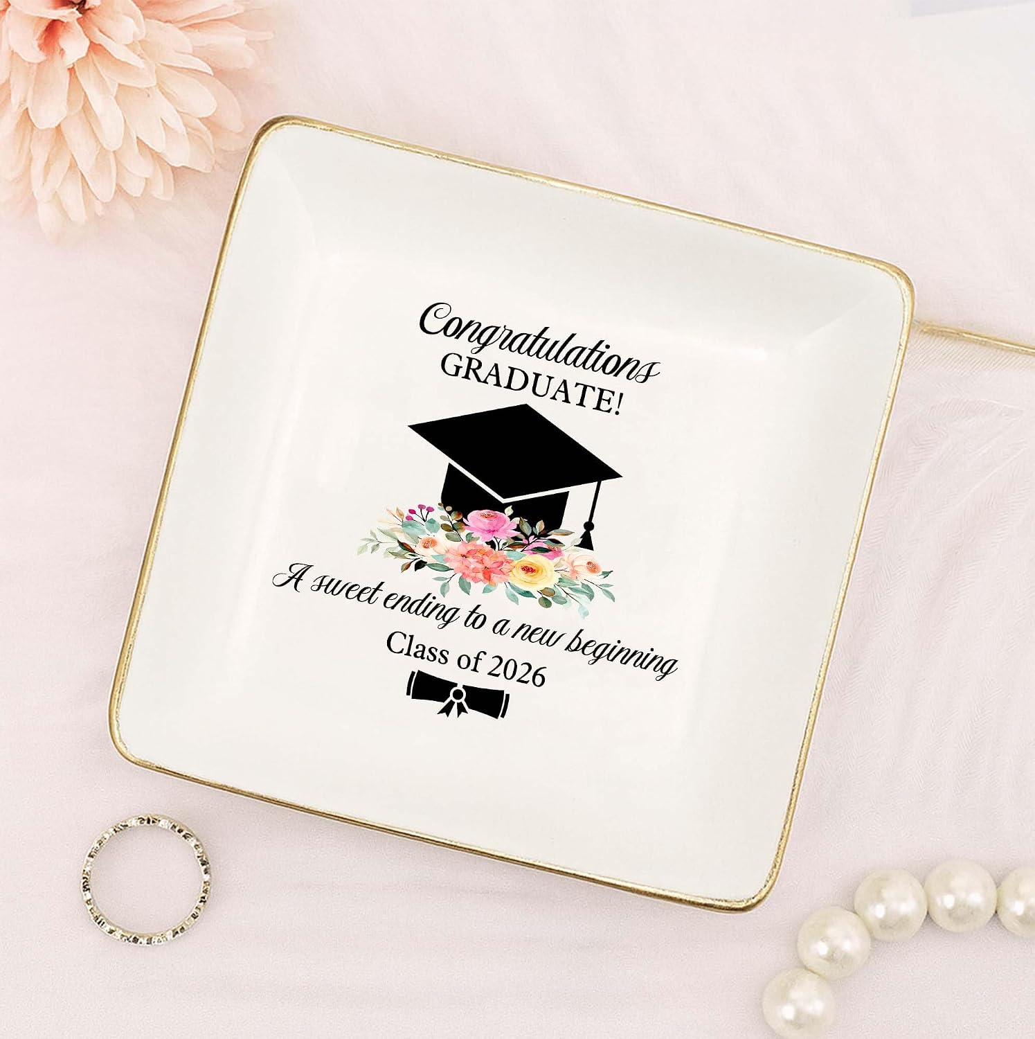 Cap & Flowers Graduate 4" Ceramic Jewelry Dish / Graduation