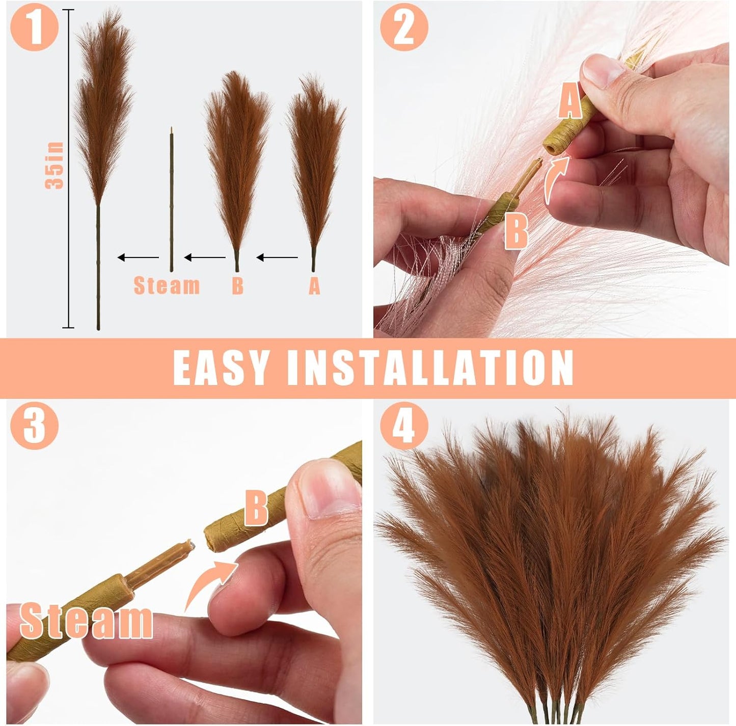 Large Tall Fluffy Artificial Pompous Grass Branches Floral Fake Pompas / Brown / Set of 8