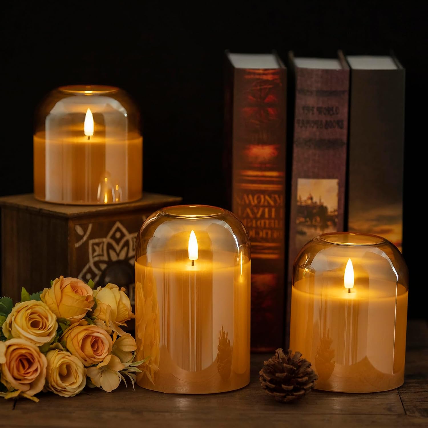 volnyus Gold Glass Flameless Candles with Remote Battery Operated Flickering LED Pillar Candles Real Wax 3D Wick Φ4 H