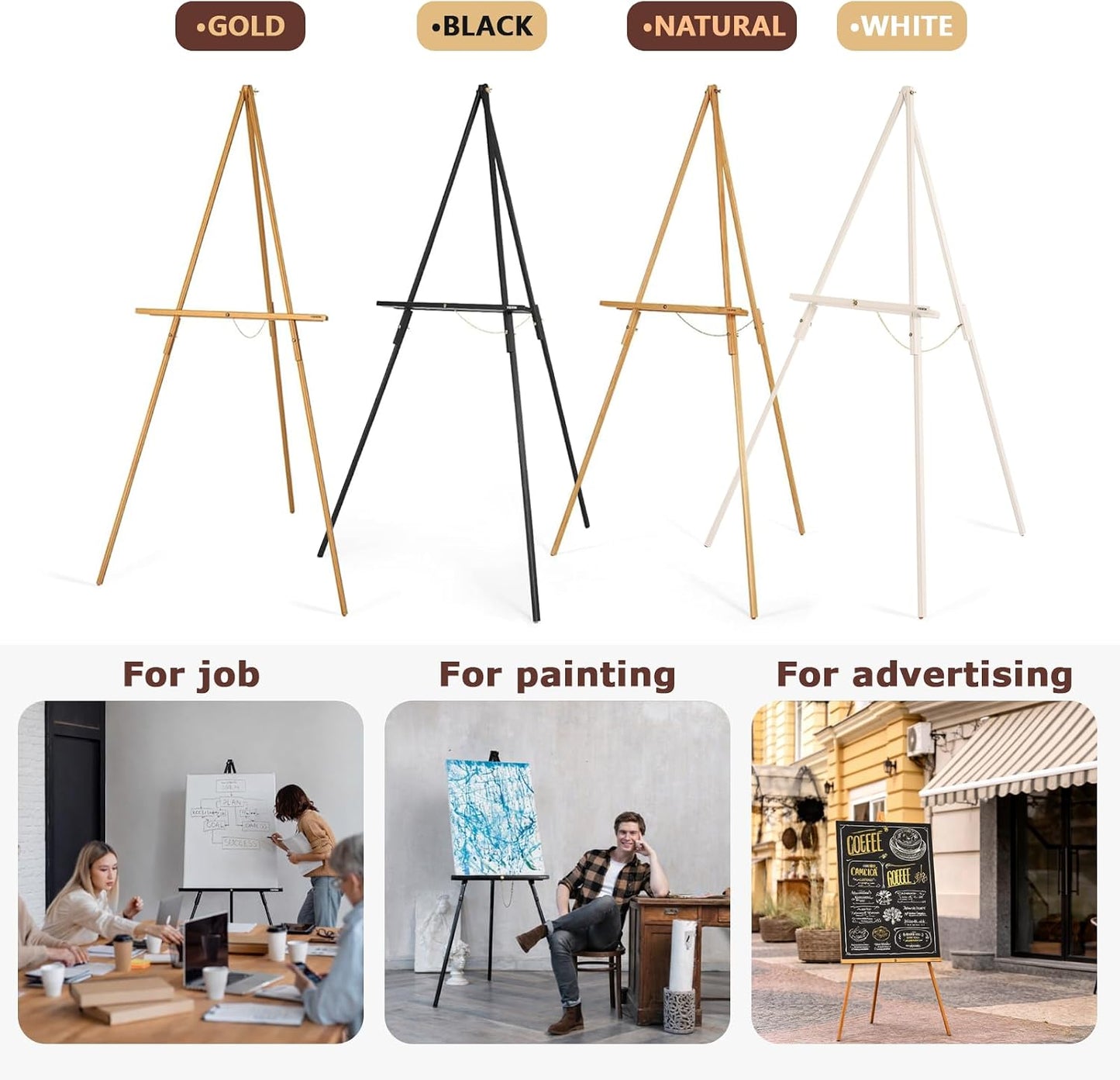 VISWIN 3Pcs 63" Gold Easel Stand for Wedding Signs, Adjustable Wooden Display Easel with Holder, Tripod Floor Easel for