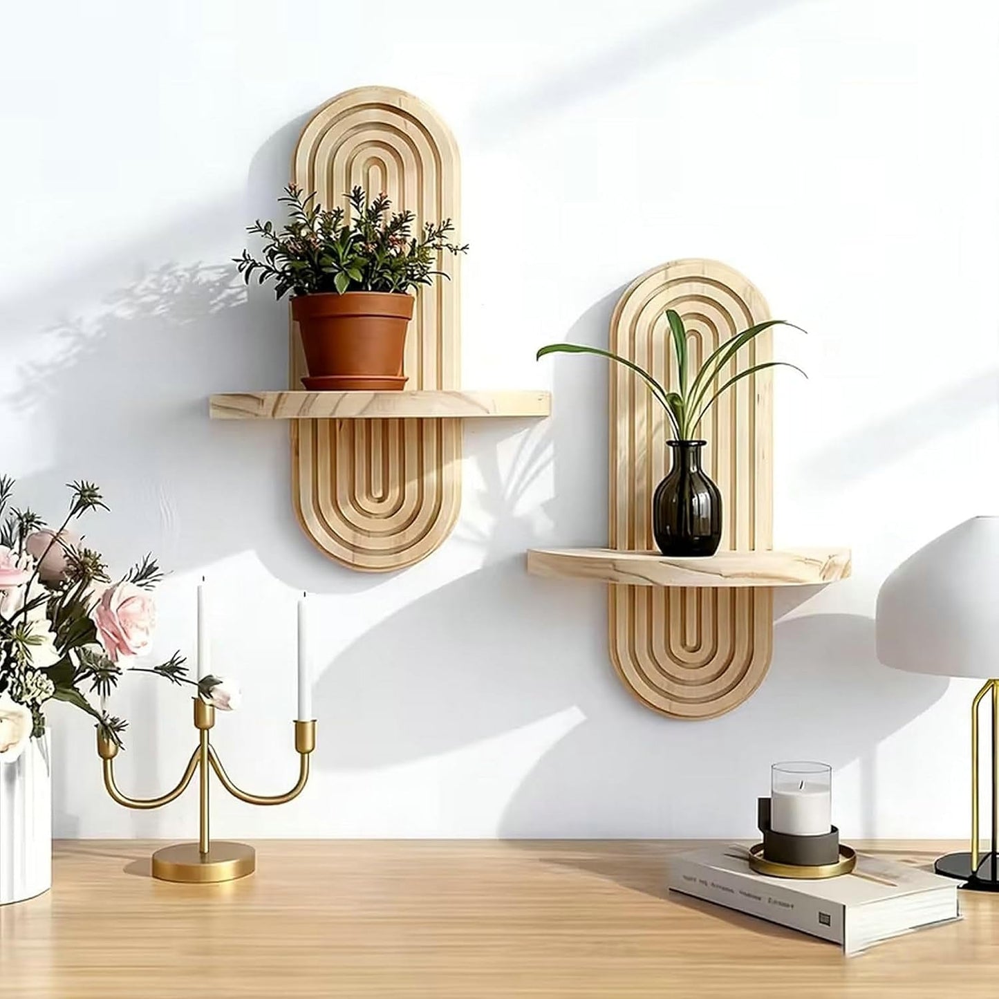 Wood Boho Arched Wall Shelf for Mini Plants & Decor / Natural / 11.8 x 7.8 / Set of 2