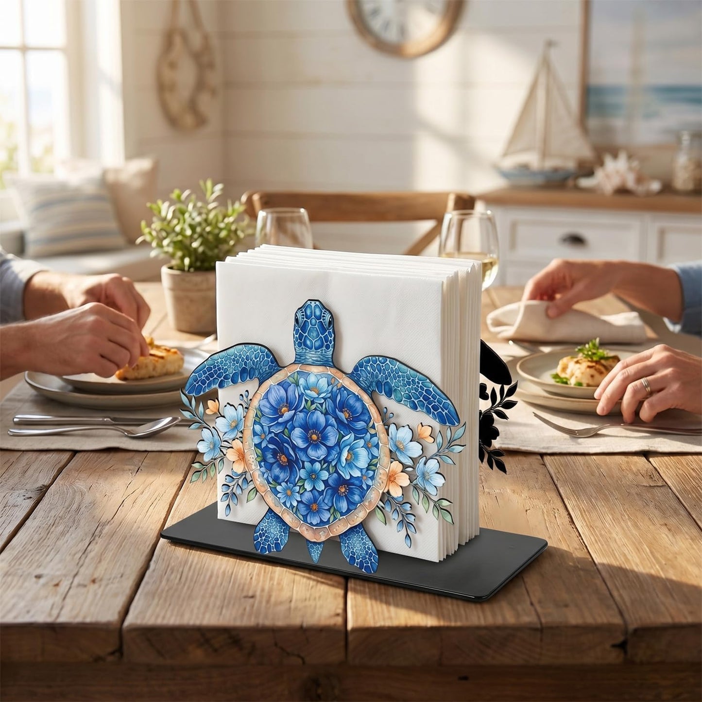Metal Paper Napkin Standing Holder Dispenser for Dinner Kitchen / Coastal Sea Turtle