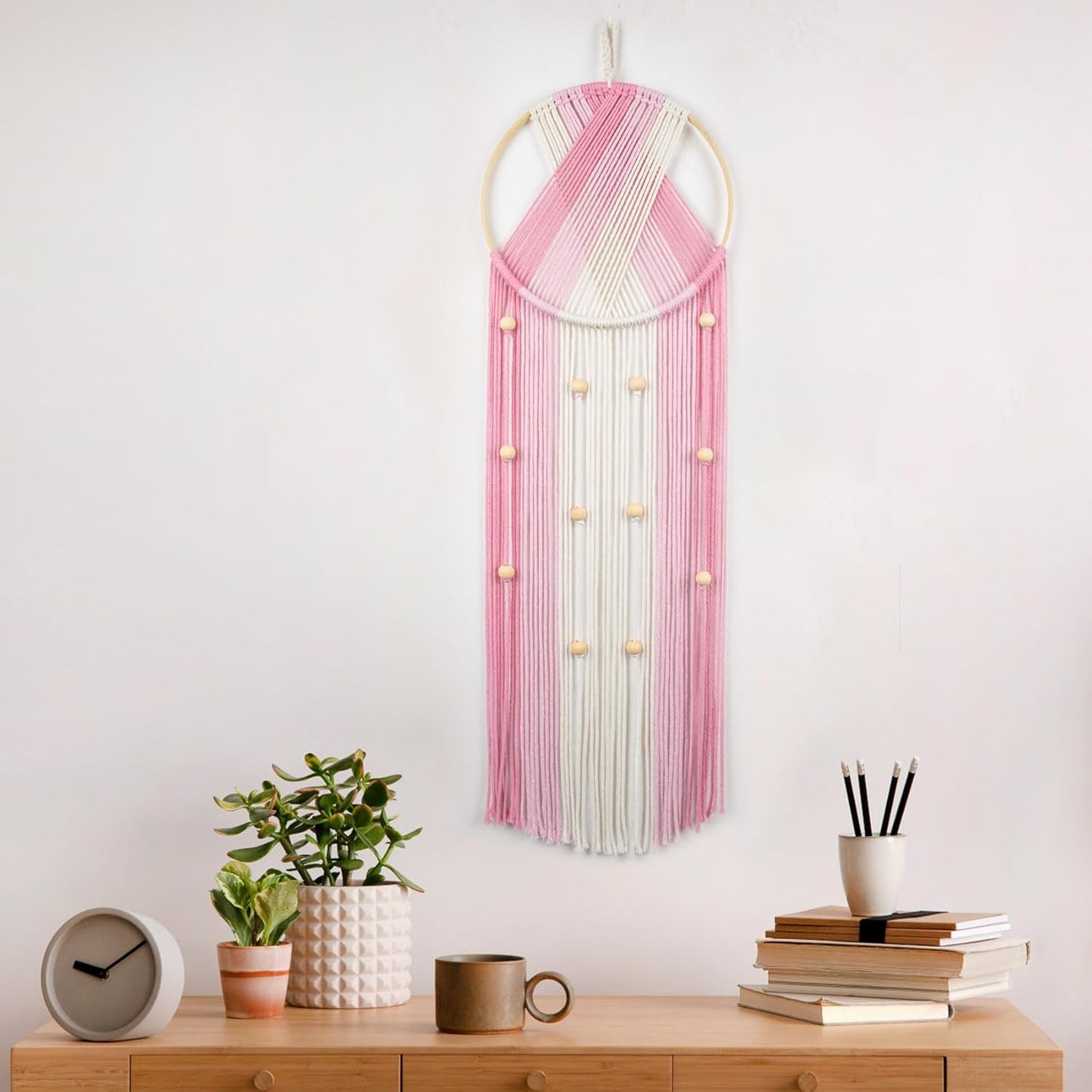 Pink Macrame Wall Hanging Boho Wall Decor Dream Catcher Handmade Woven Tapestry / Pink Beige