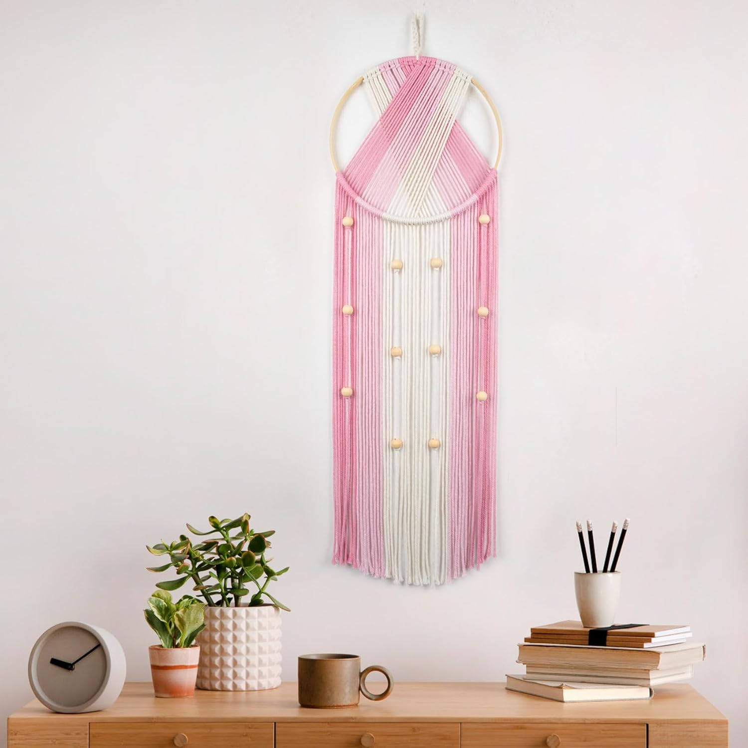 Pink Macrame Wall Hanging Boho Wall Decor Dream Catcher Handmade Woven Tapestry / Pink Beige
