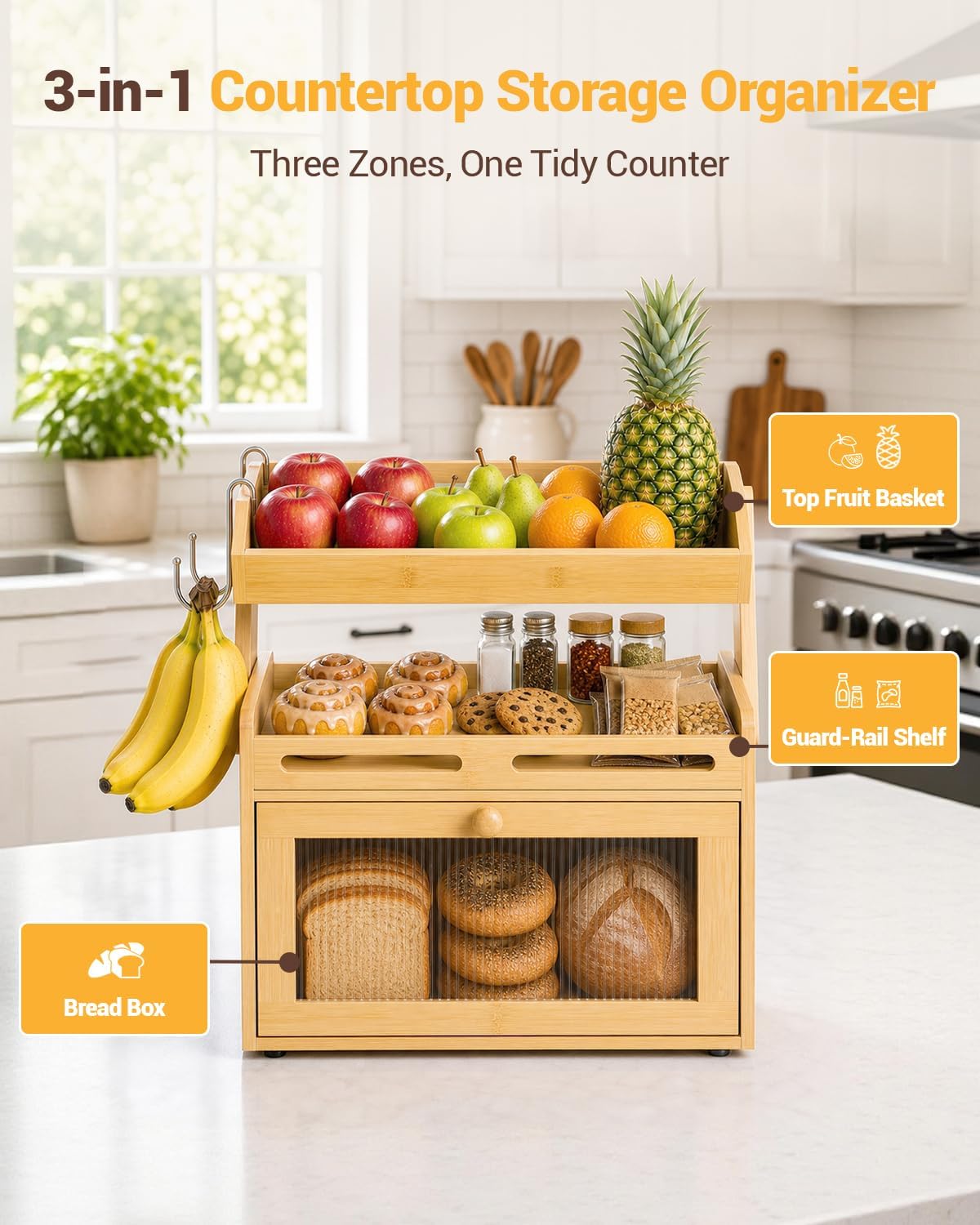 Bread Box for Kitchen Countertop, Bamboo Bread Storage with Fruit Basket | Raised-Rail Shelves, 2 Banana Hooks, Clear