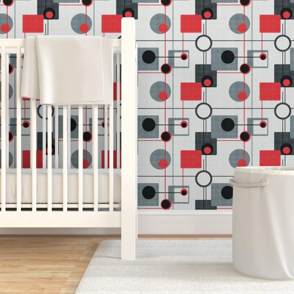 Orbs Squares Black White Vintage Retro Grey Modern Custom Removable Wallpaper / 24 x 72 / Roll / Red
