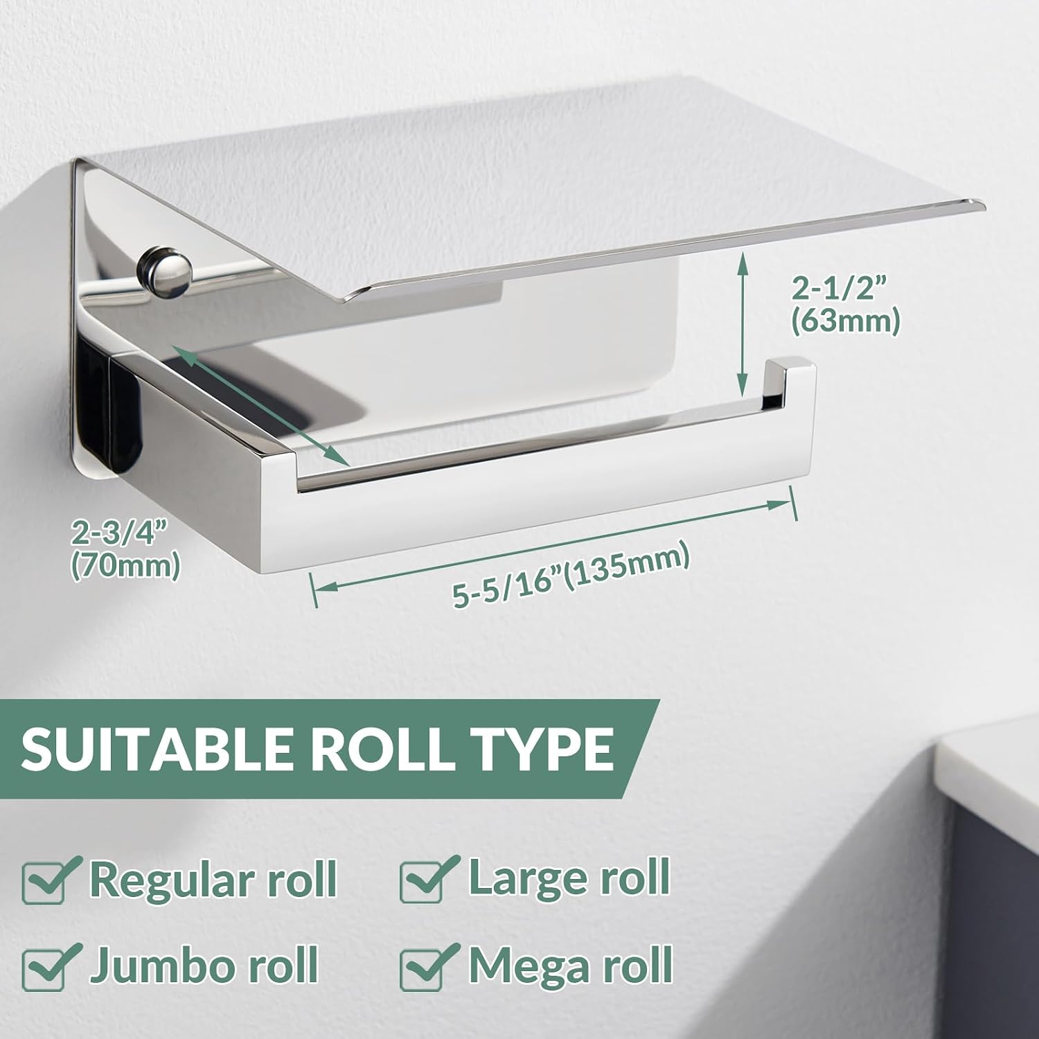 APLusee Polished Chrome Toilet Paper Holder with Phone Shelf, Wall Mounted | 304 Stainless Steel, Rust-resistant Tissue