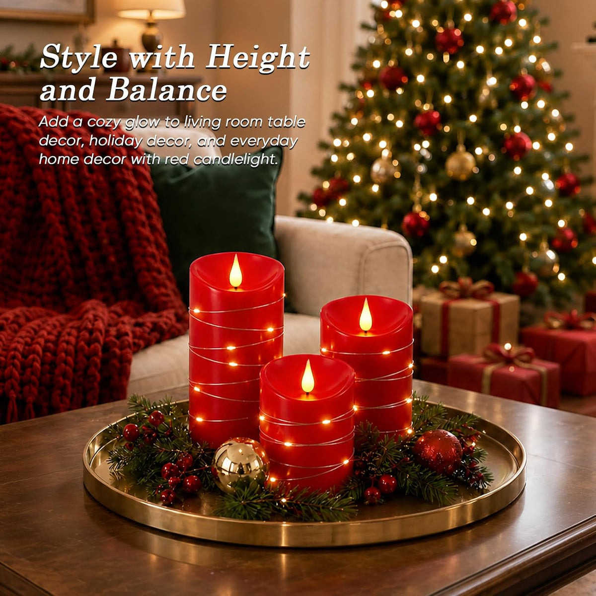 Homemory Red Flameless Candles with String Lights, 3 Pack Real Wax LED Pillar Candles with 3D Wicks, Battery Operated