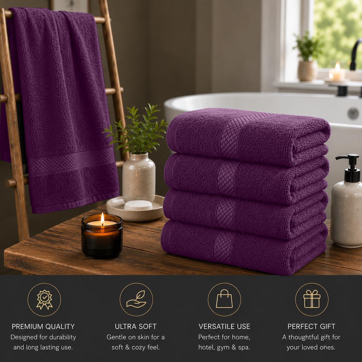 DAN RIVER 600 GSM Cotton Large Bath Towels Set of 4, 27 x 54 Inches, Purple | Larger & Lighter Weight Towels for