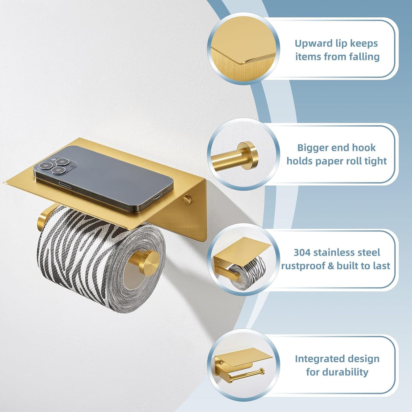 APLusee Toilet Paper Holder, Brushed Gold, 304 Stainless Steel | Wet Wipes & Air Freshener Storage, Space-Saving
