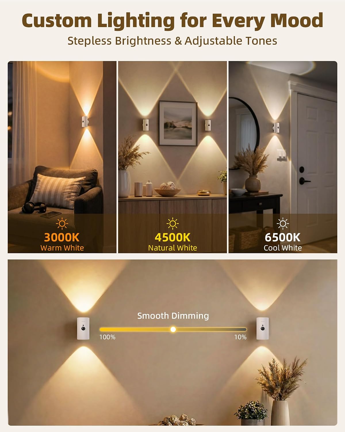 EZVALO Battery Operated Wall Sconce with Motion Sensor, 4000mAh Rechargeable Wall Light, 3 Color Temperatures & 12 RGB