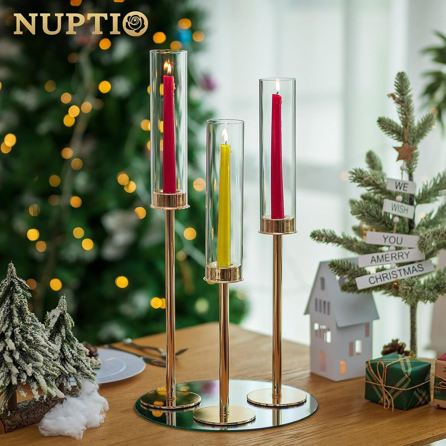 NUPTIO Hurricane Glass Candle Holders: Set of 6 Tall Gold Metal Candlestick Holder with Chimney Tube Brass Tiered Taper