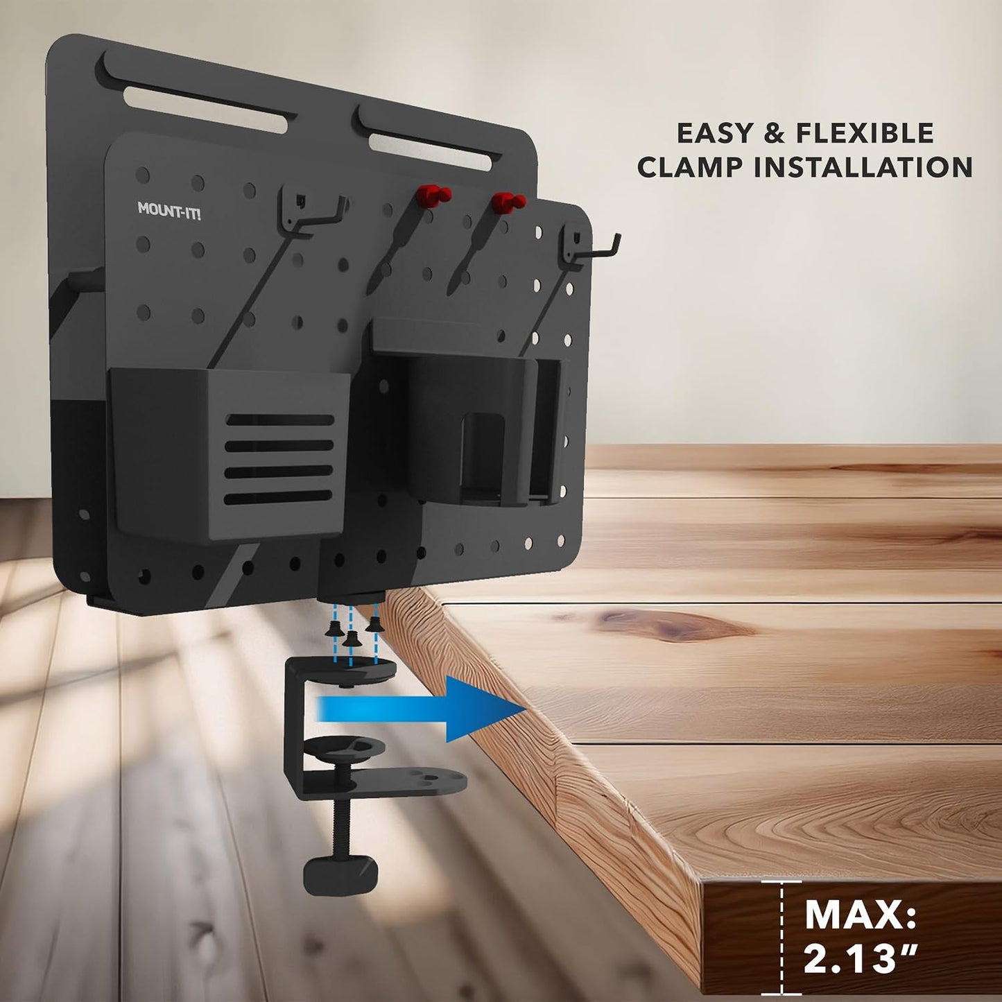 Mount-It! Desk Pegboard Organizer, 360 Rotation, Black | Clamp-on desk storage with cup holder, pen holder, hooks &