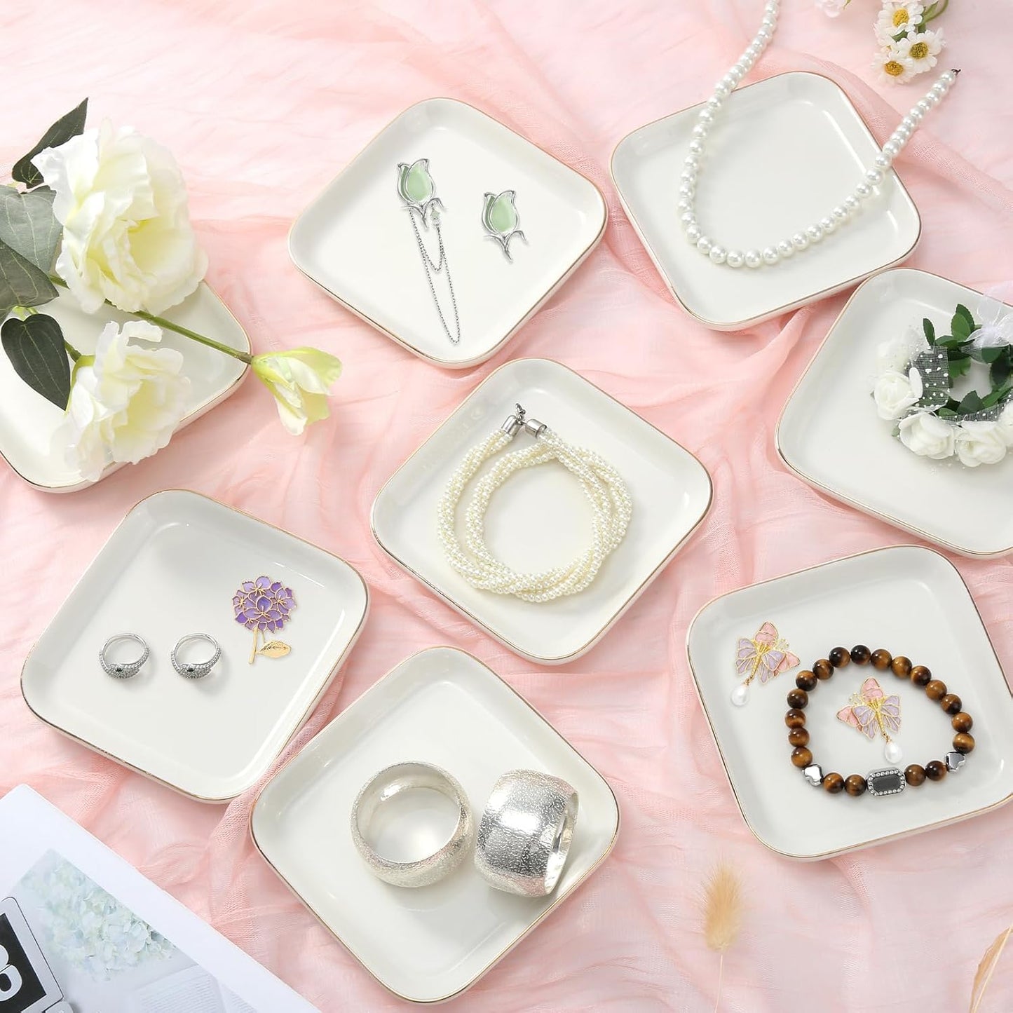 Ceramic Jewelry Tray in Jewelry Dish for Women / White Square / 4.4 Inch / Set of 8