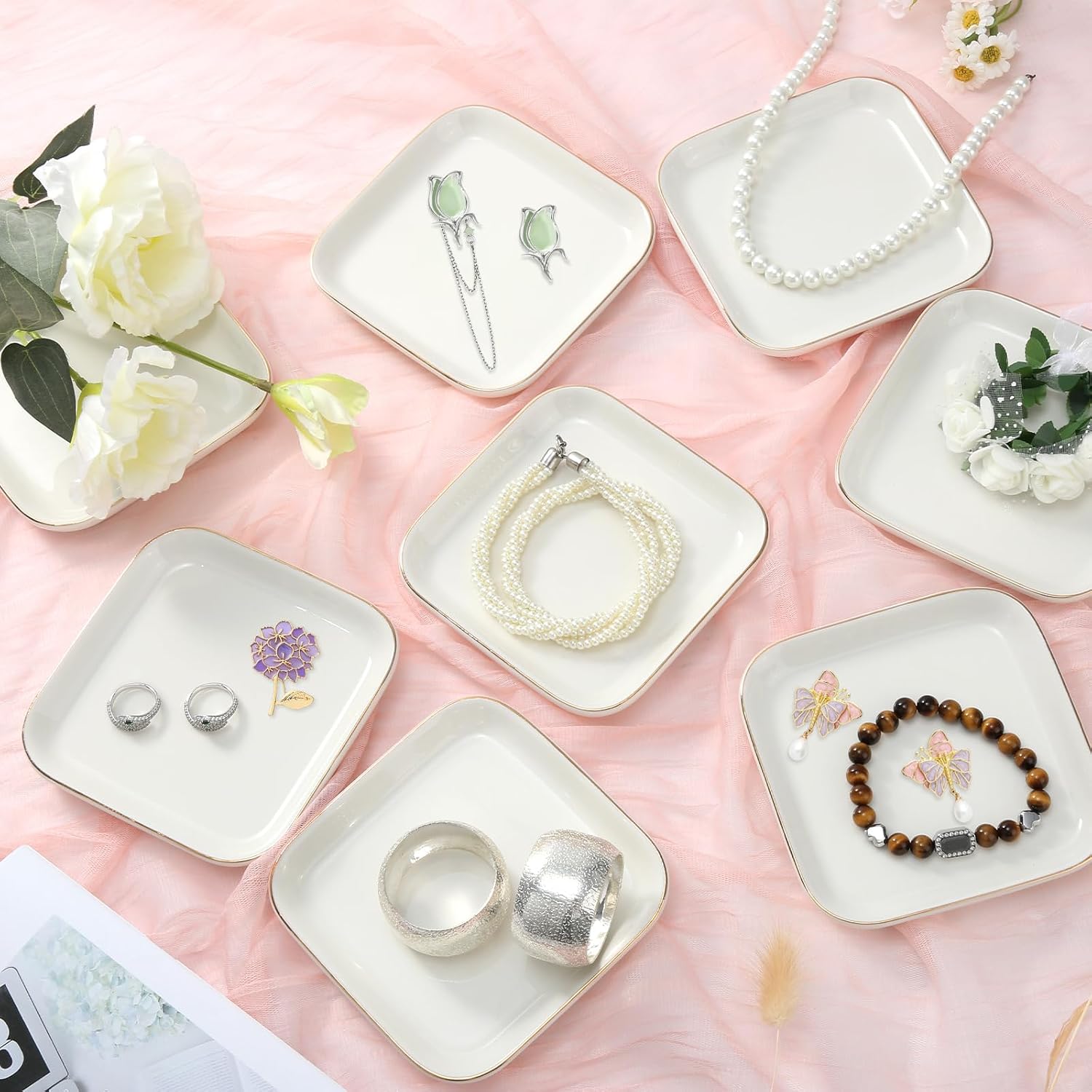 Ceramic Jewelry Tray in Jewelry Dish for Women / White Square / 4.4 Inch / Set of 8