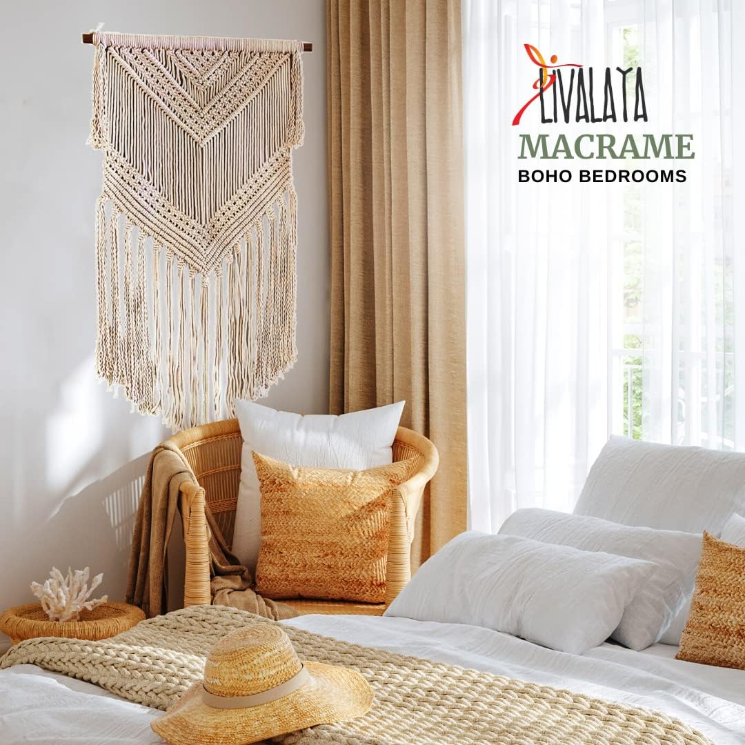 Boho Macrame Woven Wall Hanging in Modern Bohemian Tapestry wall Art Decor / Beige / 16 x 36