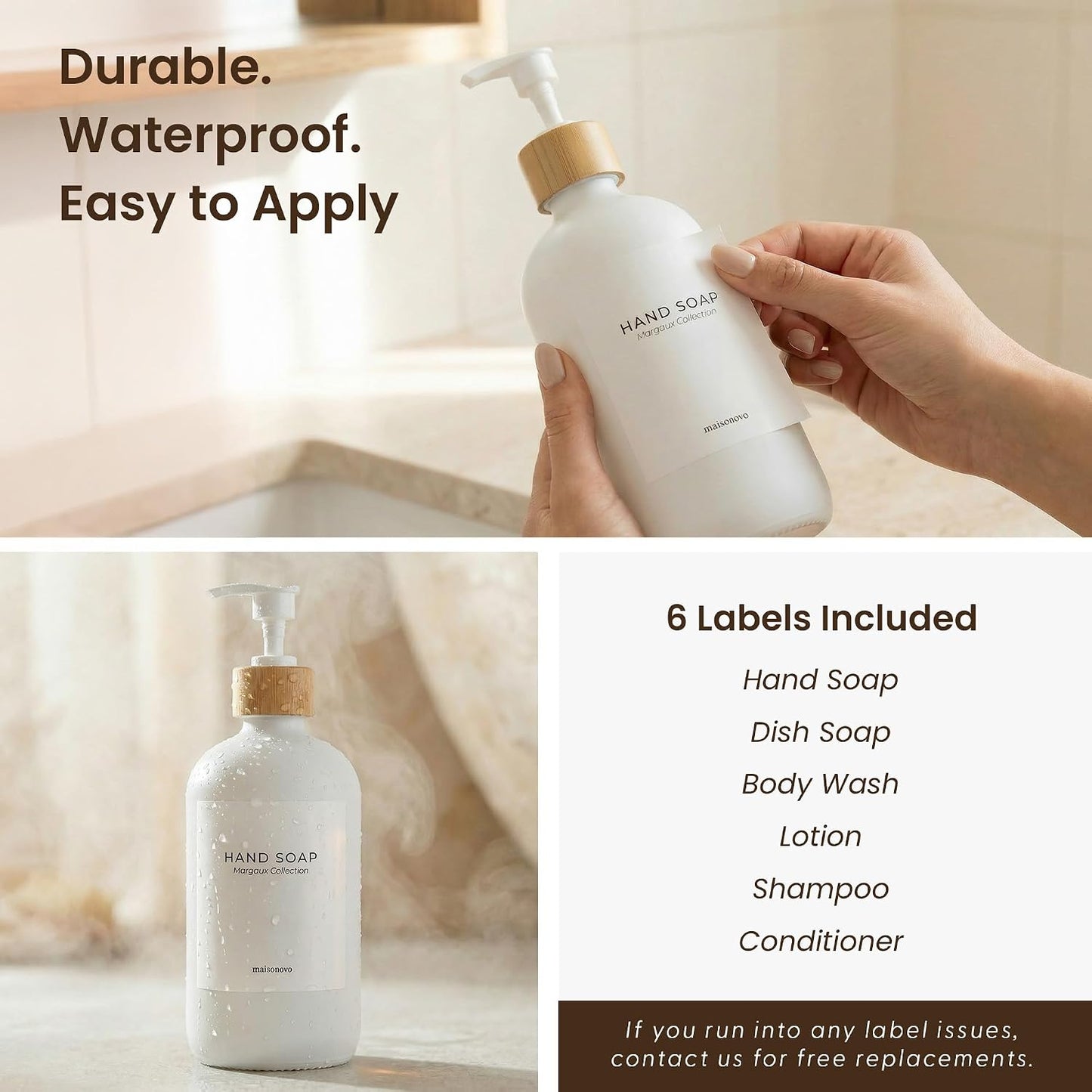 Maisonovo Soap Dispenser Set - White Soap Dispenser White Bamboo Pumps | Glass bottles for body wash, lotion, shampoo