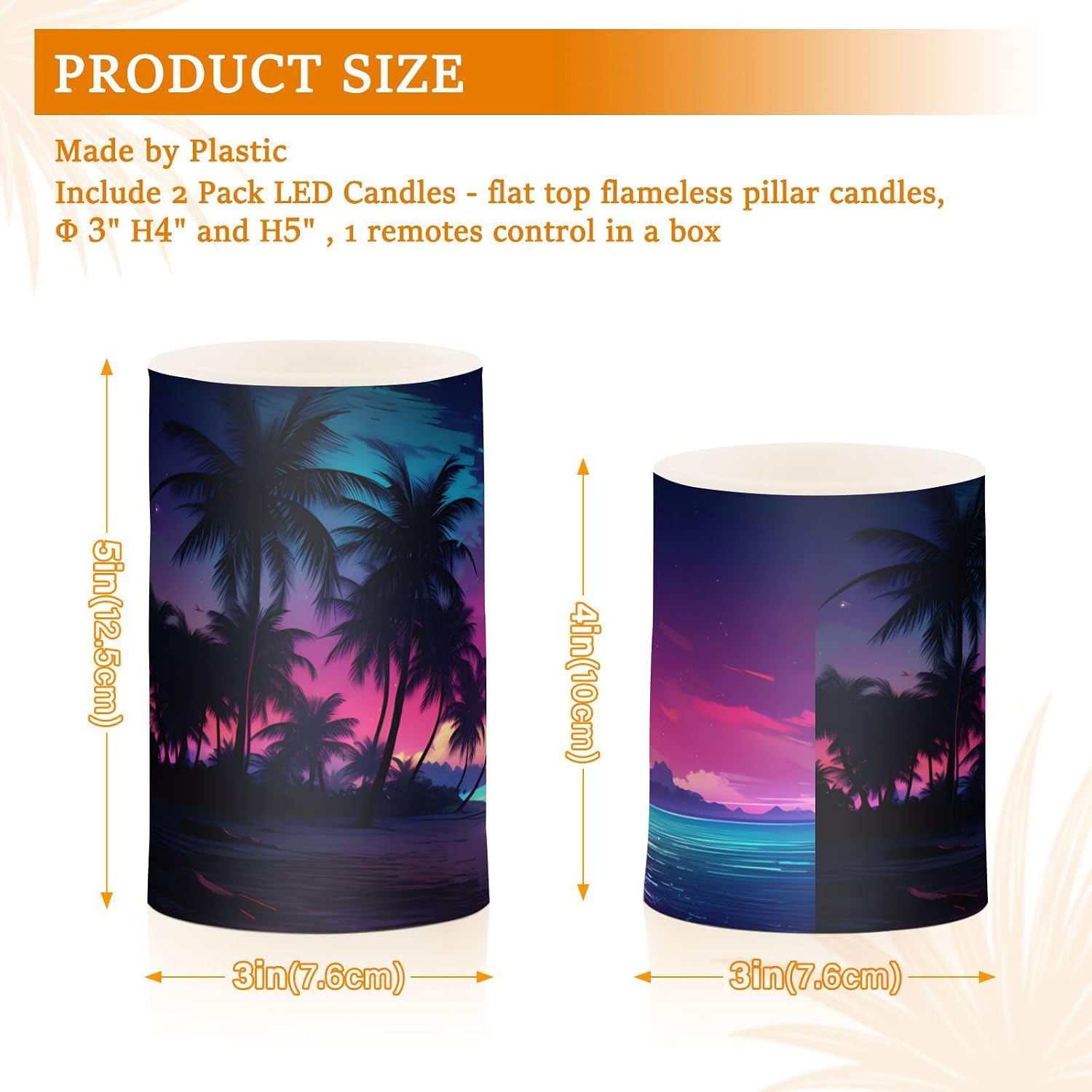 Flickering Flameless Candles, Palm Tree Beach Tropical LED Candles with Remote Timer, Set of 2 Battery Operated Candle