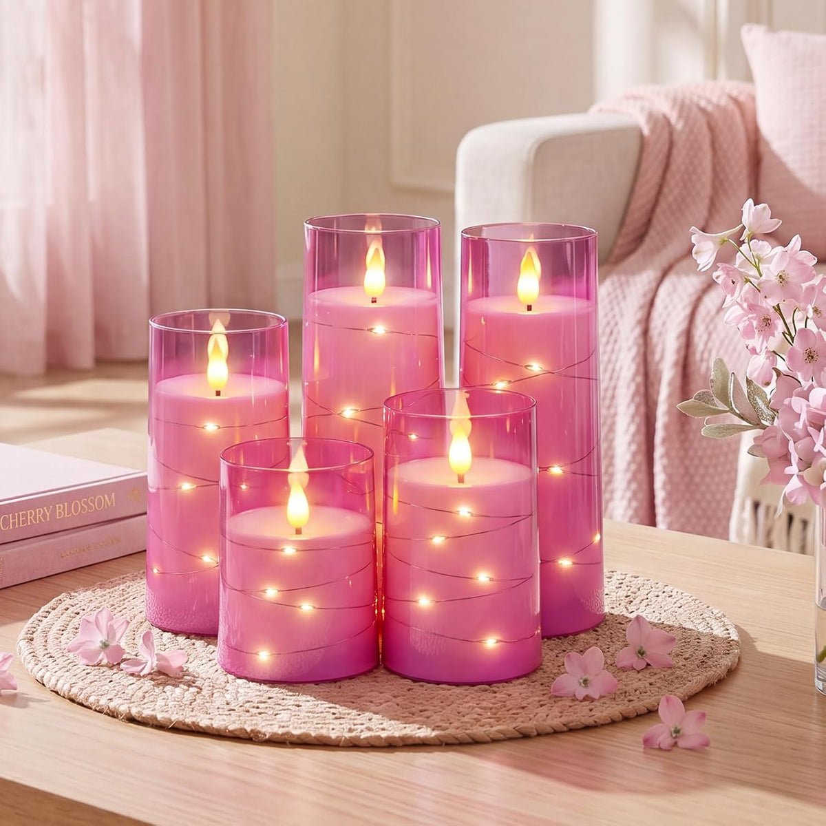 Homemory Flickering Flameless Candles, Pink LED Pillar Candles with Remote | Acrylic Battery Operated Timer Candles