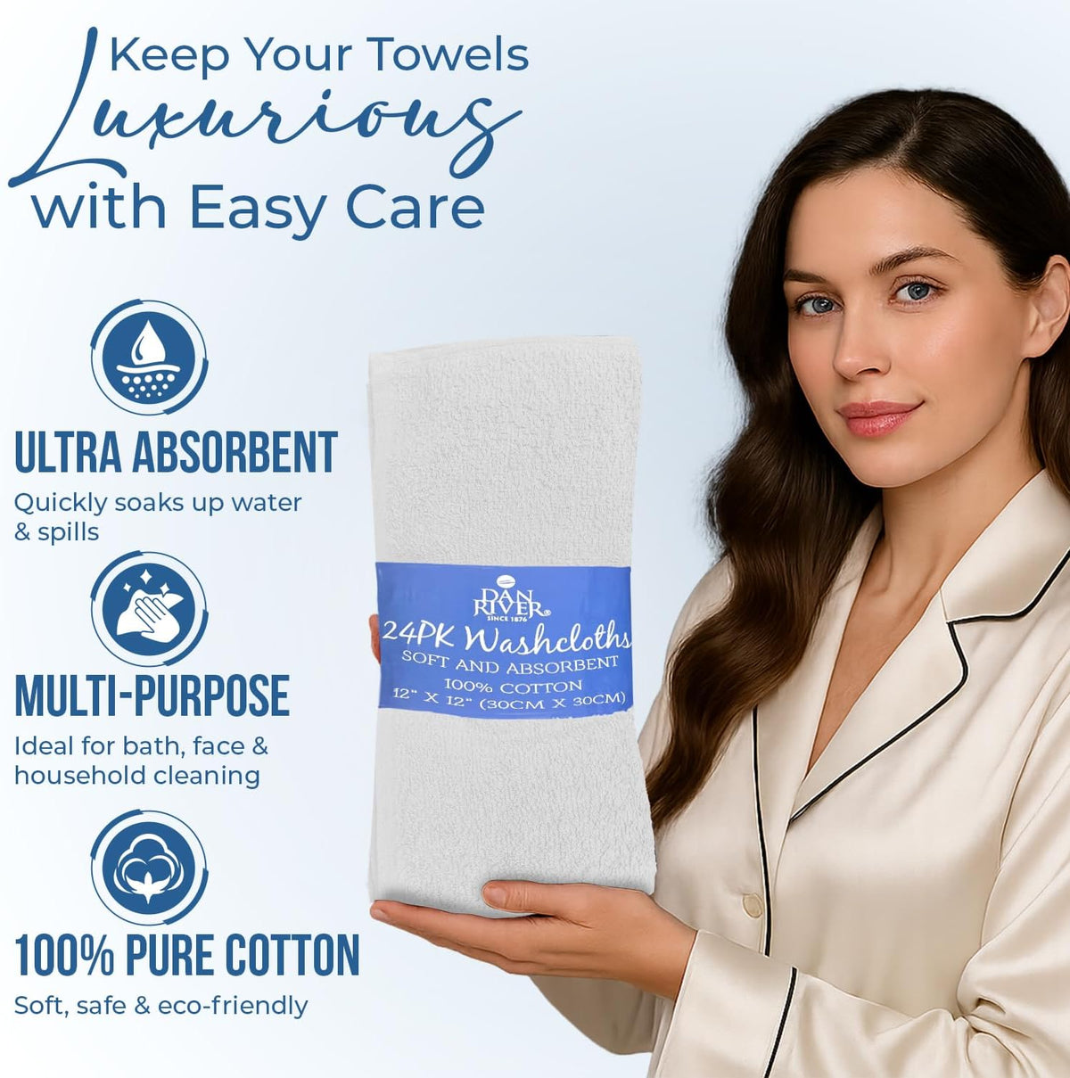DAN RIVER 24 Pack Cotton Wash Cloths Set for Showering [12x12] Assortment 5 | Lighter Weight, Quick to Dry, Super Soft