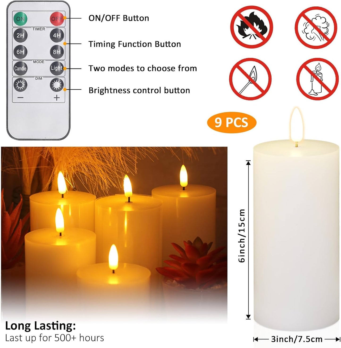 Oleitodh 9 Pcs White Flameless Candles Flat Top LED Candles with Remote Timer, Pillar Flameless Candle Bulk Flickering