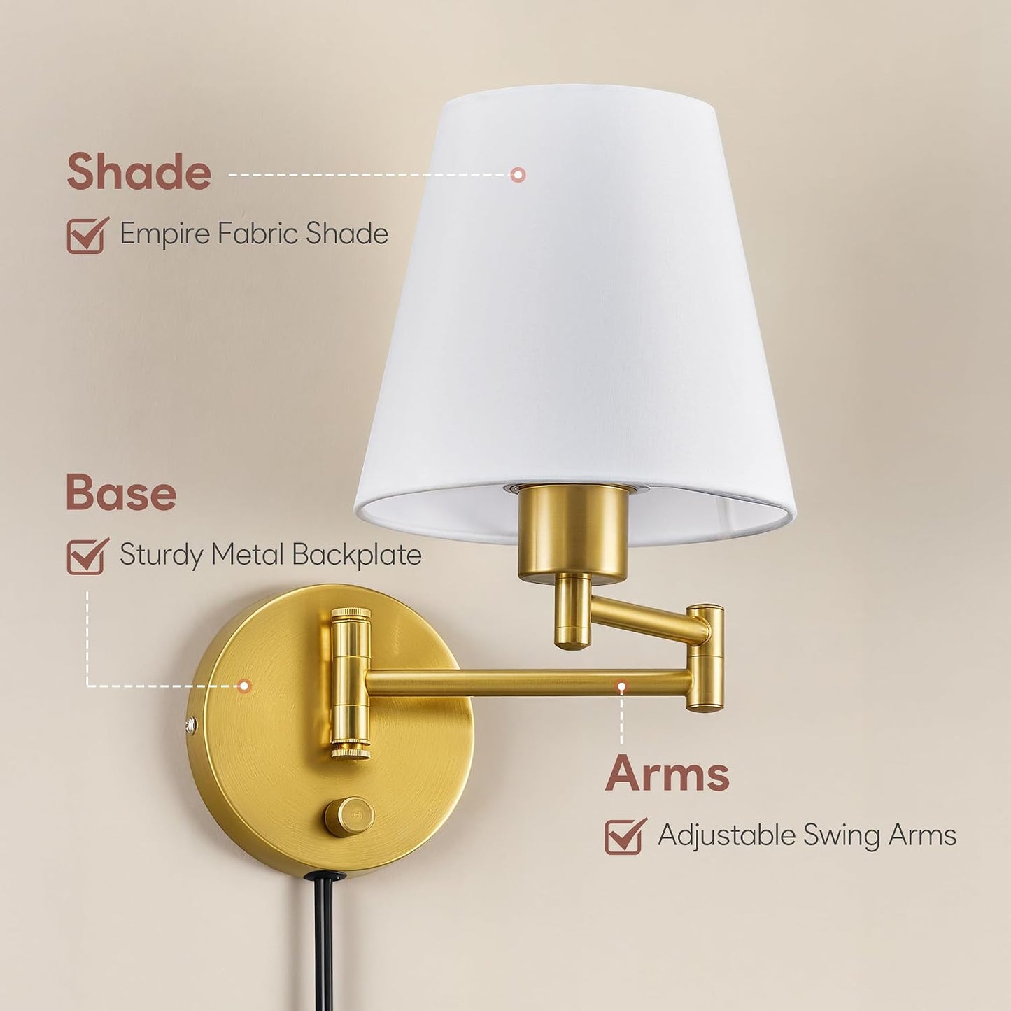 VONLUCE Wall Lamp, Plug in & Swing Arm Wall Sconce, Gold Finish | Modern Wall Lights with White Fabric Shades, Plug in