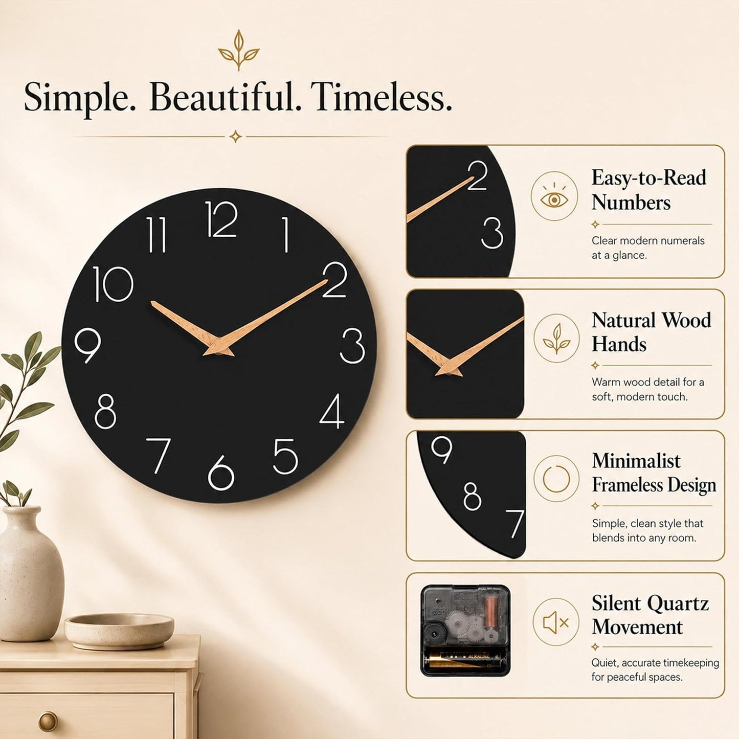 cicininc 10 Inch Battery Operated Wall Clock, Silent Analog, Black | Living Room | Kitchen | Office | Bathroom | Modern