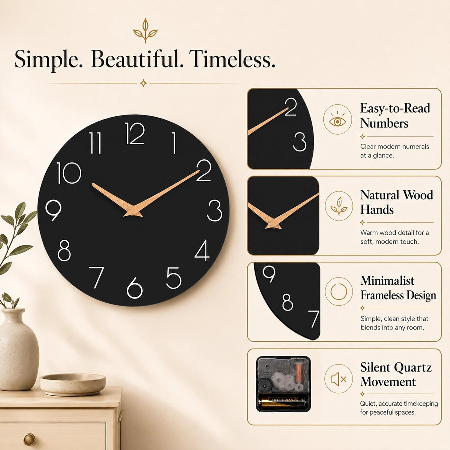 cicininc 10 Inch Battery Operated Wall Clock, Silent Analog, Black | Living Room | Kitchen | Office | Bathroom | Modern