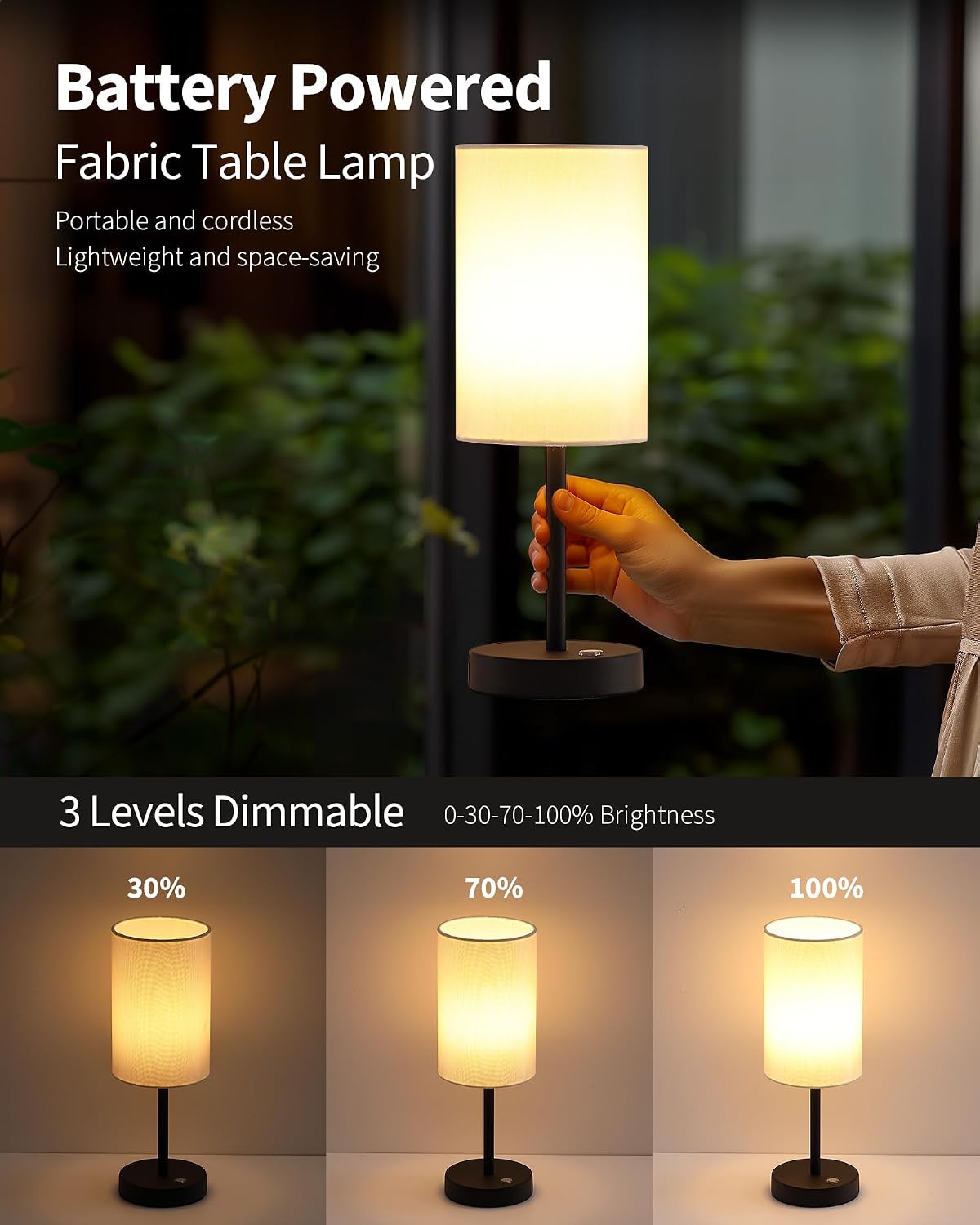 KDG Black Cordless Table lamp, Portable Bedside 4000mAh LED Desk Lamp | Rechargeable 3 Brightness Levels Emergency