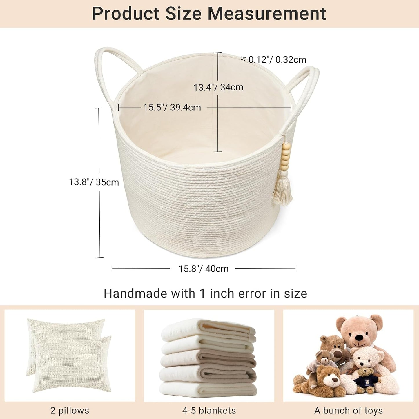 Woven Storage Basket Decorative Natural Rope Basket Wooden Bead Decoration / White / 16" W x 13.8"L