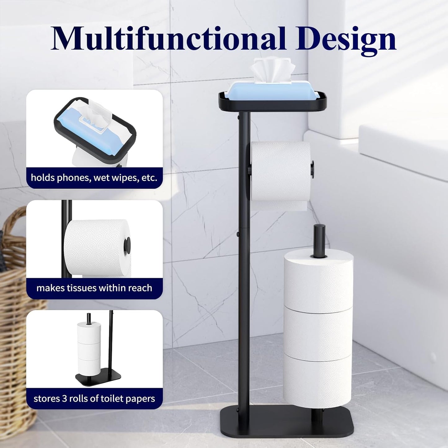 Kitsure Toilet Paper Holder Free Standing – Rustproof Metal Toilet Paper Stand for 4 Rolls with Anti-Slip Base and