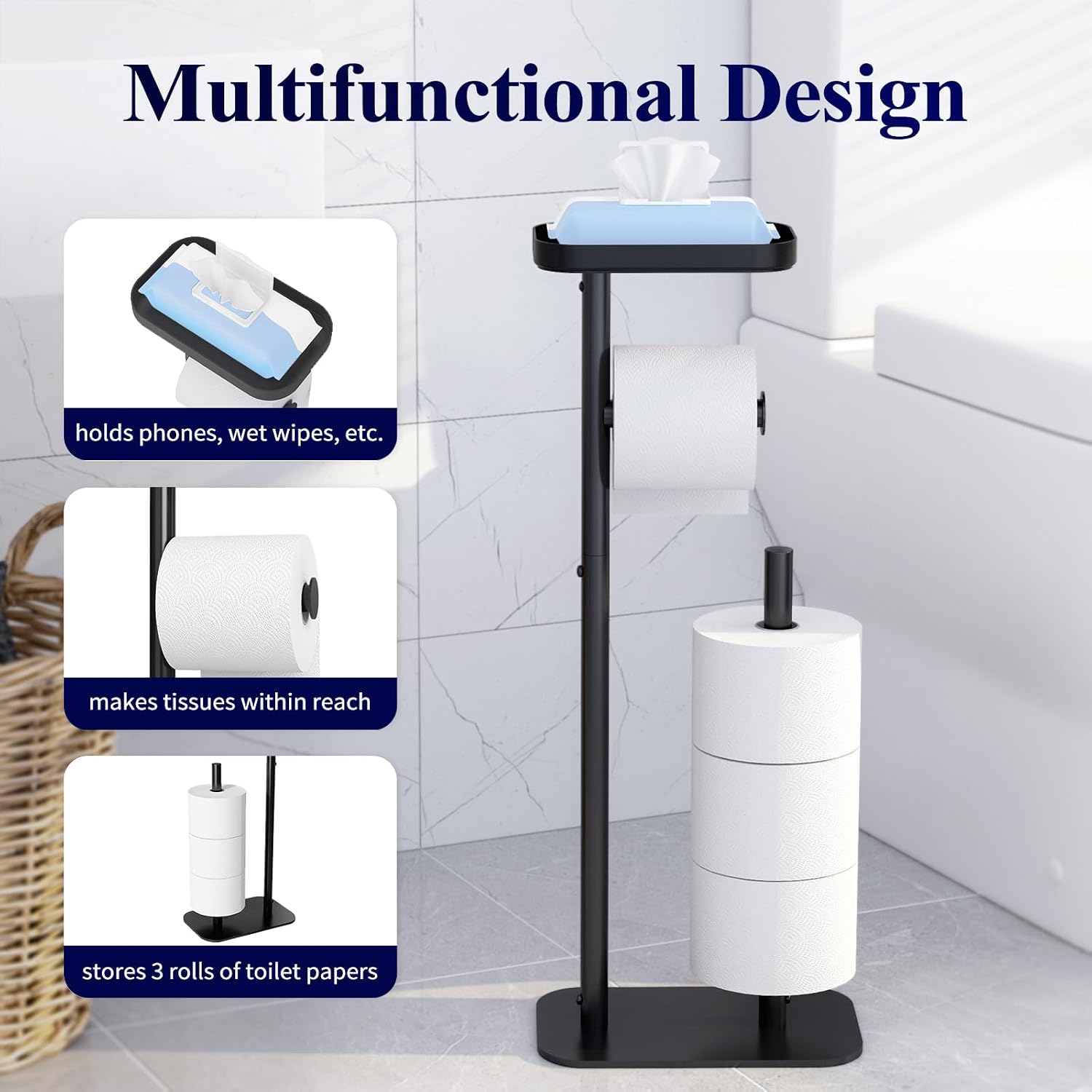 Kitsure Toilet Paper Holder Free Standing – Rustproof Metal Toilet Paper Stand for 4 Rolls with Anti-Slip Base and