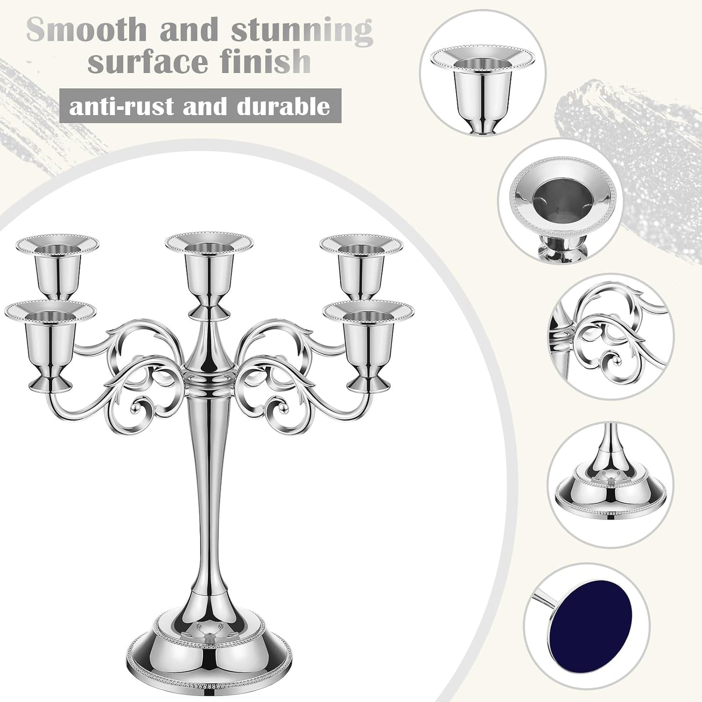 3 Pcs 5 Arm Metal Candelabra 10.24 Inch Tall Holders,Sliver | Gothic Candlestick for Wedding Centerpiece, Church