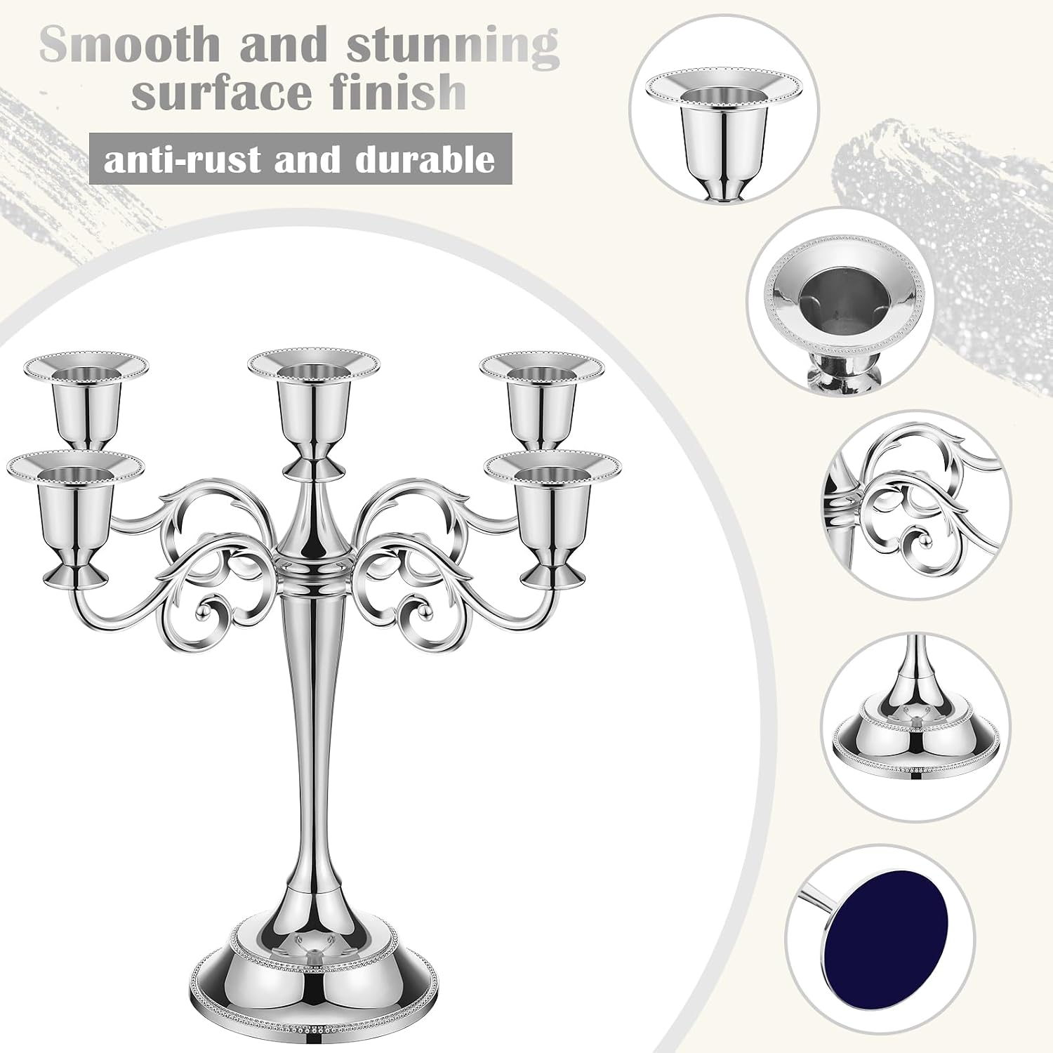 3 Pcs 5 Arm Metal Candelabra 10.24 Inch Tall Holders,Sliver | Gothic Candlestick for Wedding Centerpiece, Church