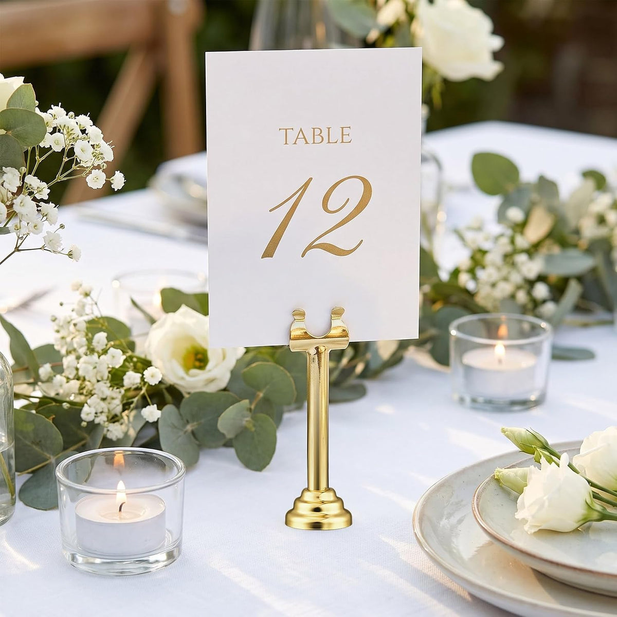 24 Pcs Gold Metal Table Number Holders 3.15 Inch Wedding Place Card Holders Bulk Harp Clip Table Sign Stands Card