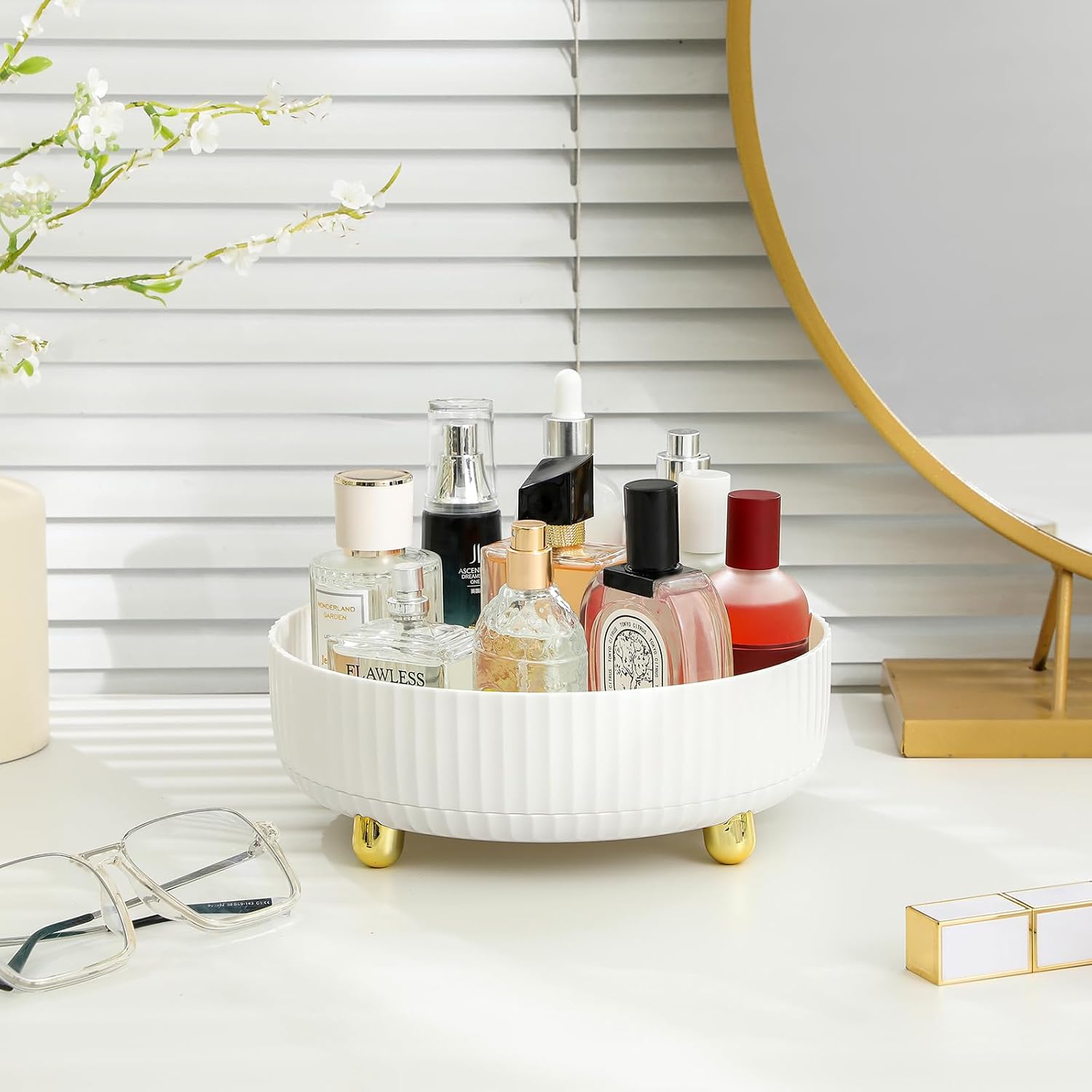 Makeup Perfume Organizer Tray 360 Degree Rotating Lazy Susan Skincare Lotion / White / Set of 9