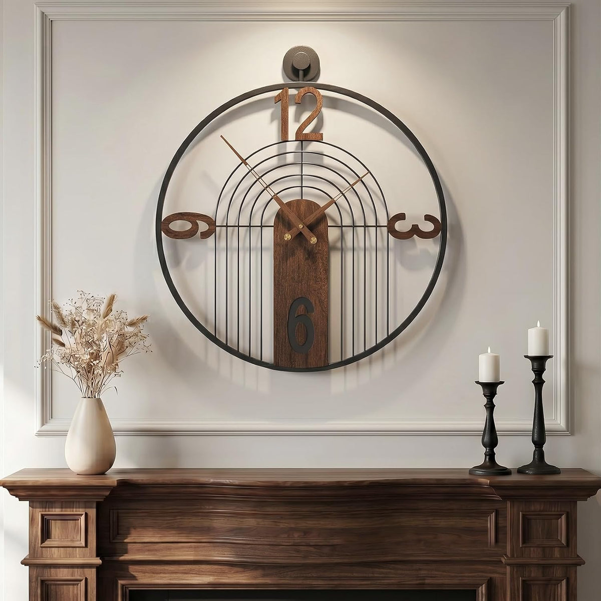 Cuspin 24 Inch Large Wall Clock Modern Black Metal Clock with Walnut Dial | Battery operated, Silent non ticking