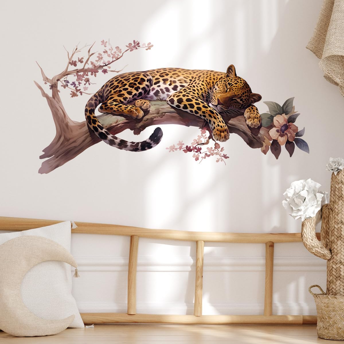 Leopard Sleeping on Branch Wall Decals Removable Jungle Animal Vinyl Stickers for Nursery Living