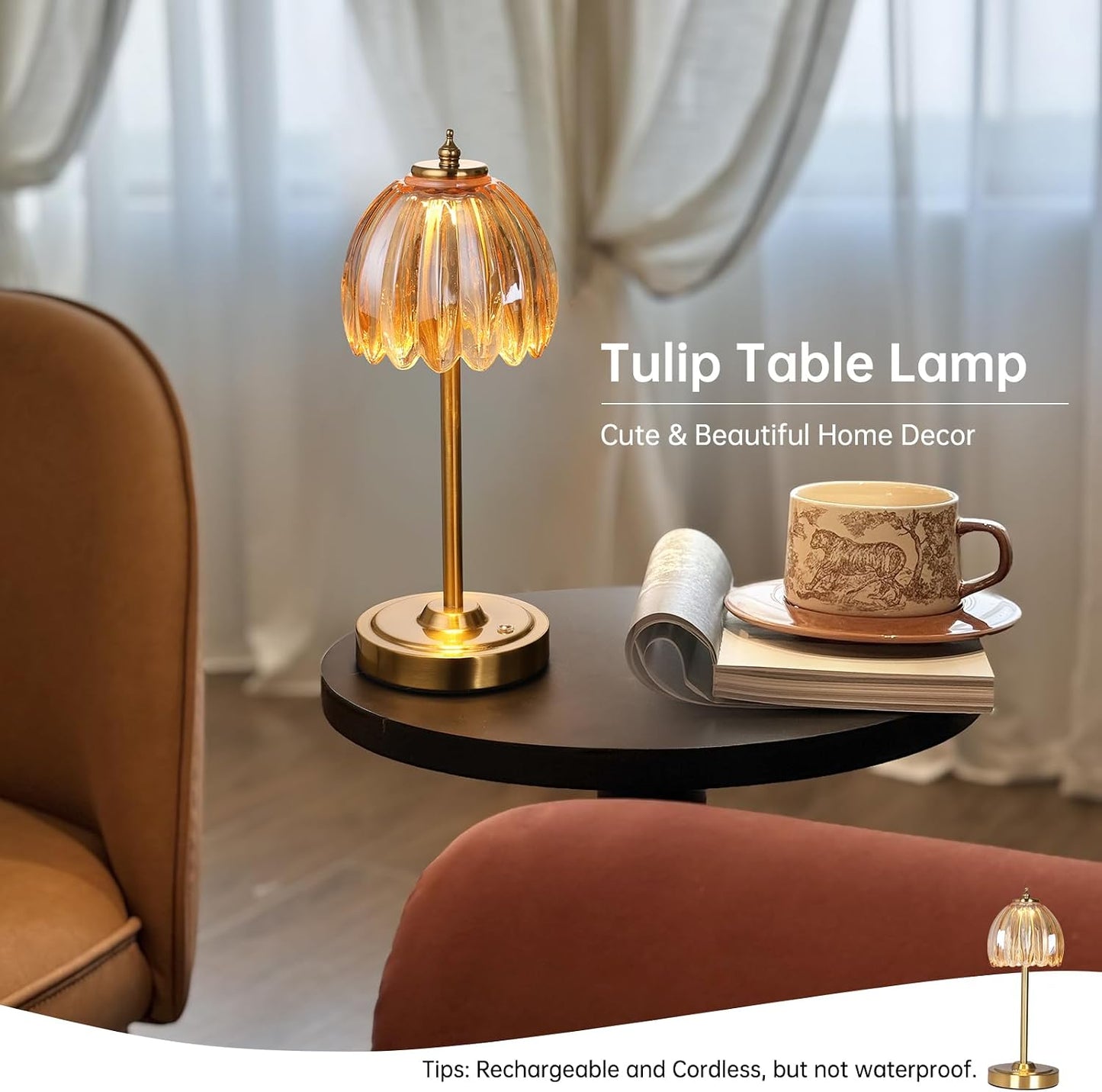 Shenmoyl Set of 2 Tulip Table Lamp with 5000mAh Battery & Touch Control, Cordless Table Lamp with 3 Colors, Dimmable
