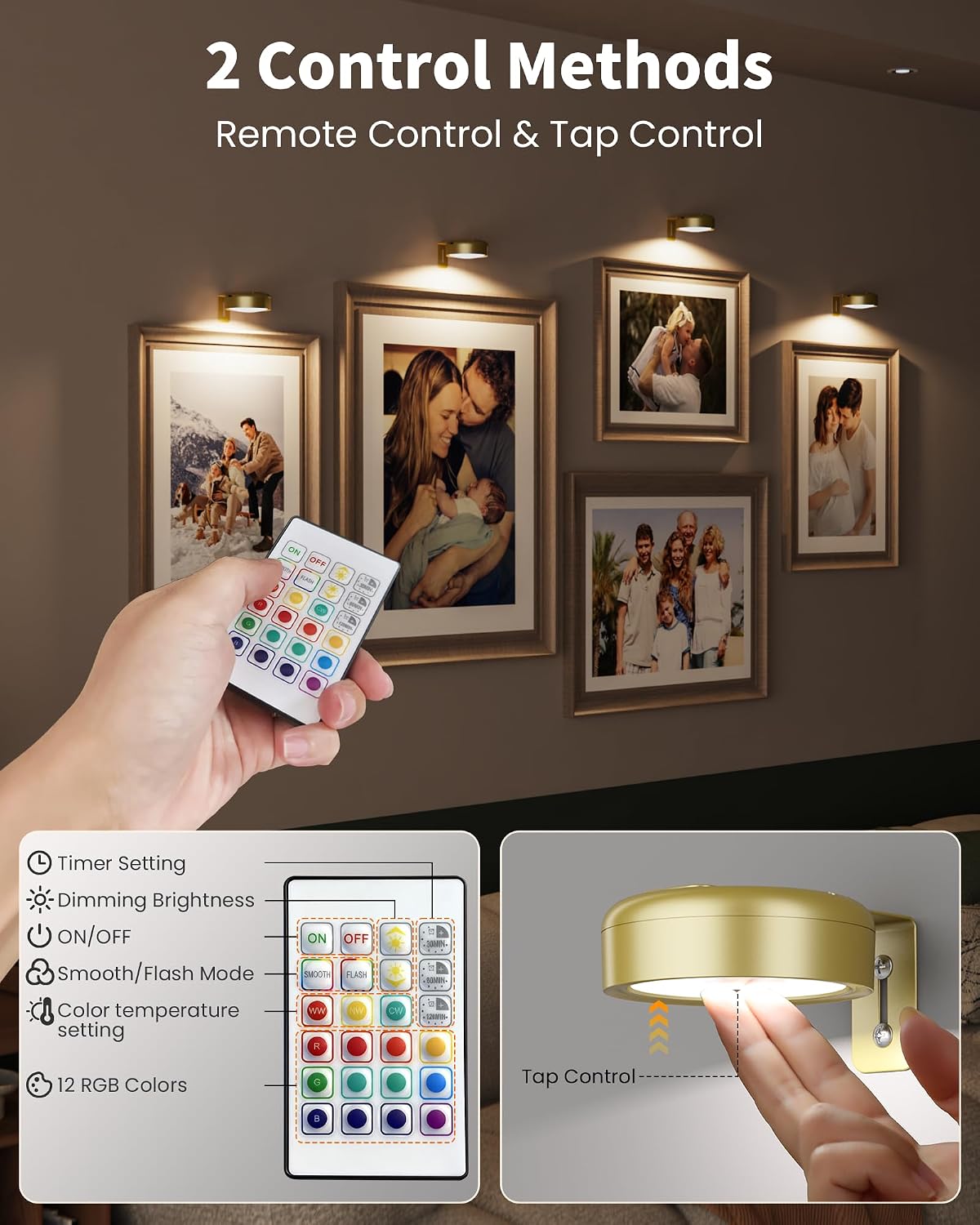3 Pack Picture Lights for Wall,Wireless 2000mAh Rechargeable Magnetic LED Puck Lights with Remote,3 Color Temps and 12