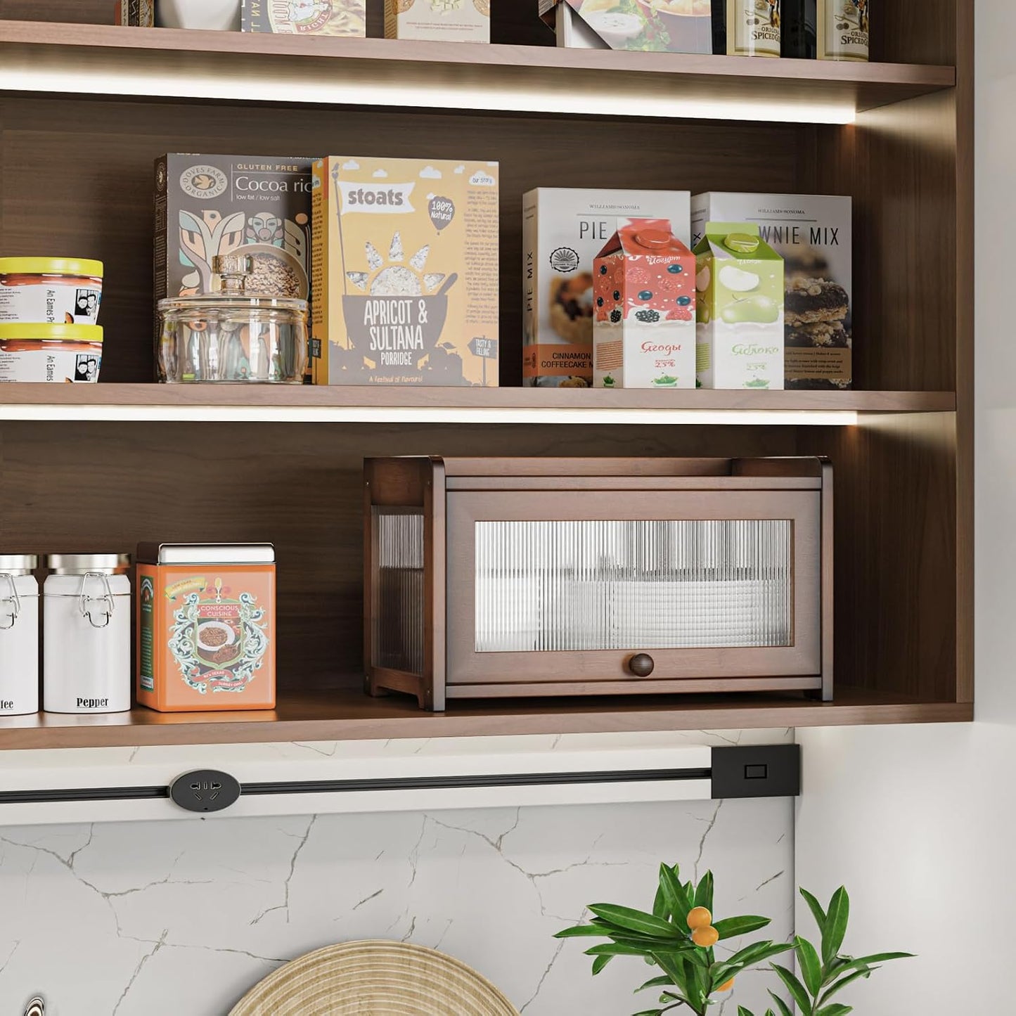 BAMBANG Bamboo Bread Box for Kitchen Countertop, Extra Large Farmhouse Bread Box with 4-Side Clear Panels, Wooden Bread