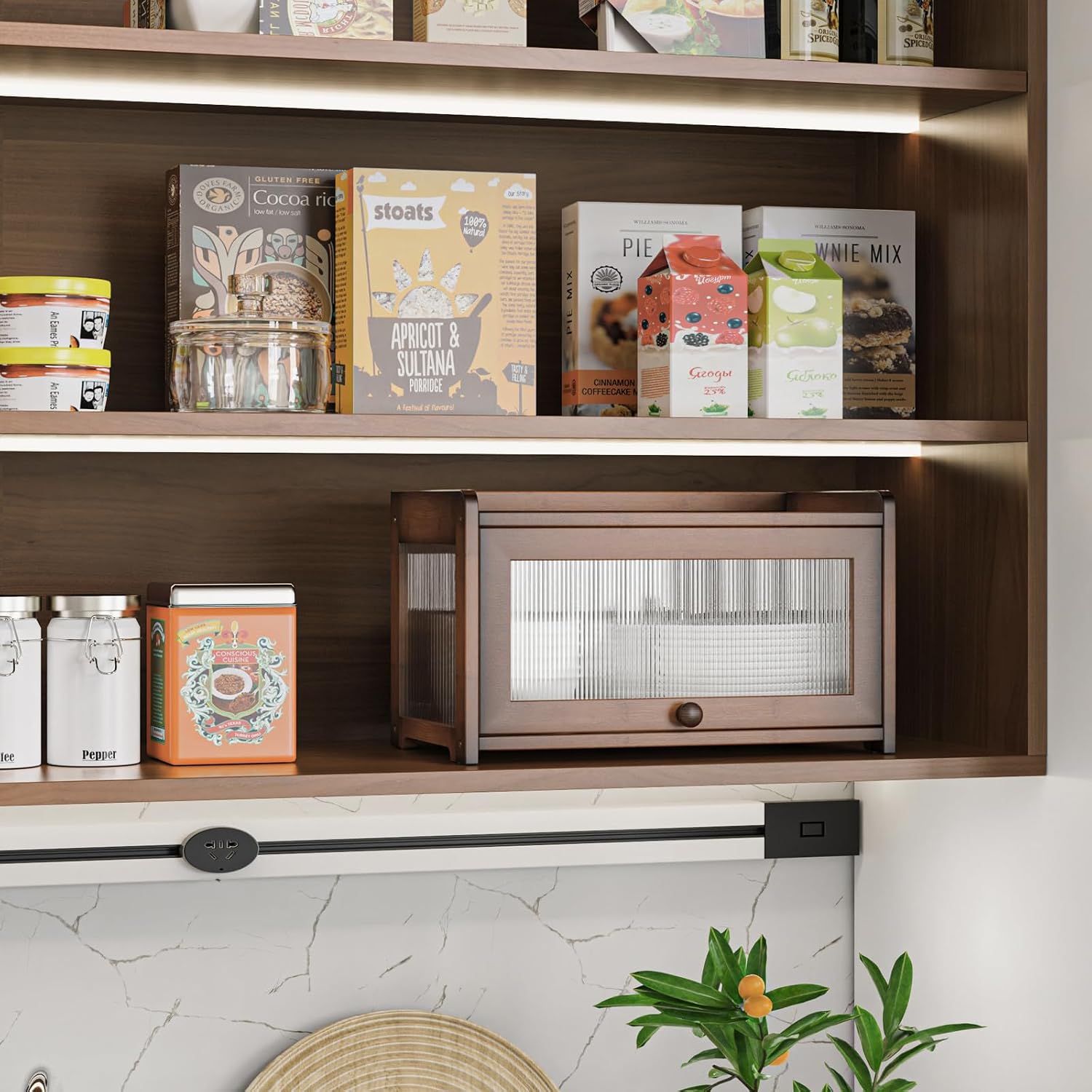 BAMBANG Bamboo Bread Box for Kitchen Countertop, Extra Large Farmhouse Bread Box with 4-Side Clear Panels, Wooden Bread