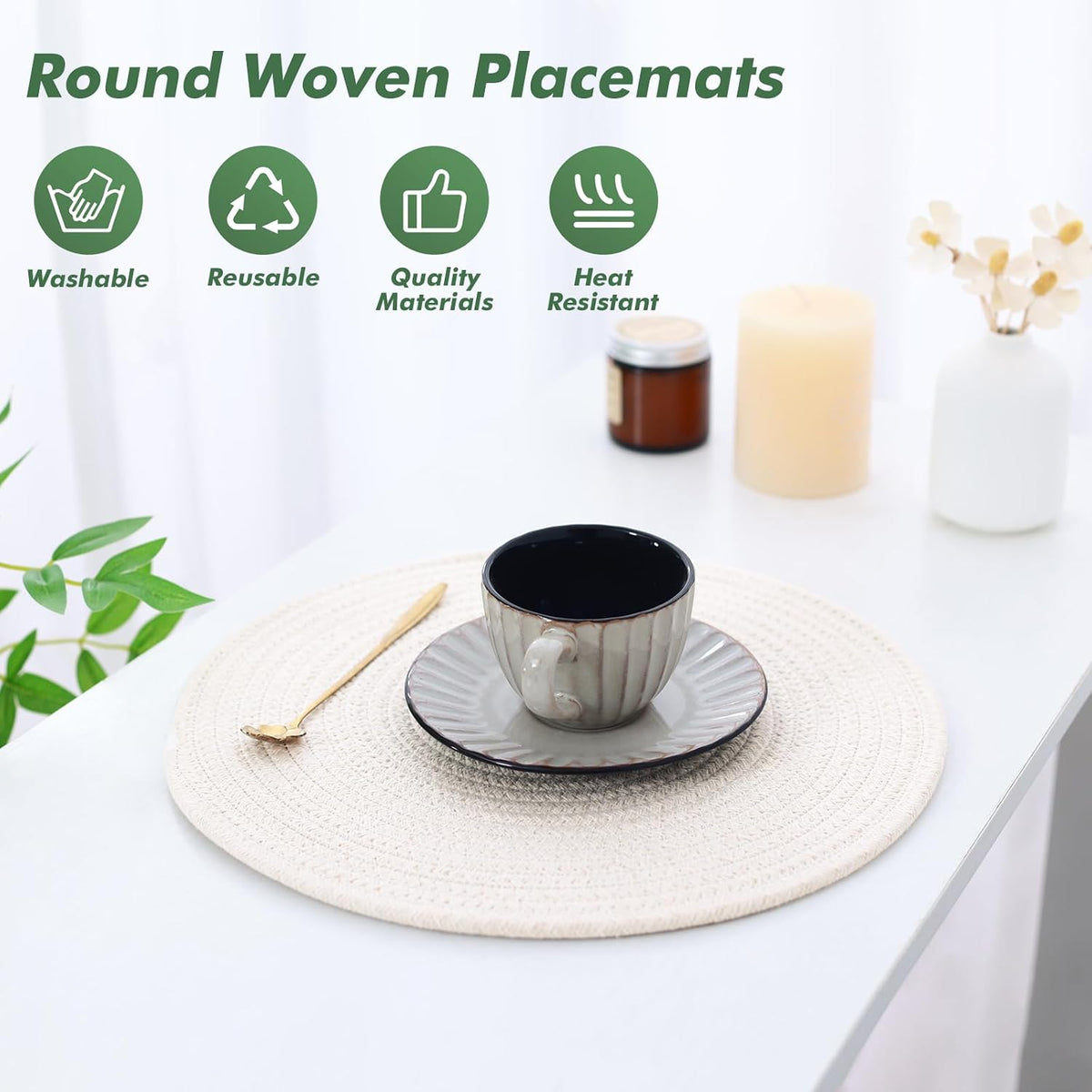 Round Woven Placemats Set of 8 Heat Resistant Placemats 13.5 Inches Farmhouse Cotton Rope Place Mats for Dining Tables