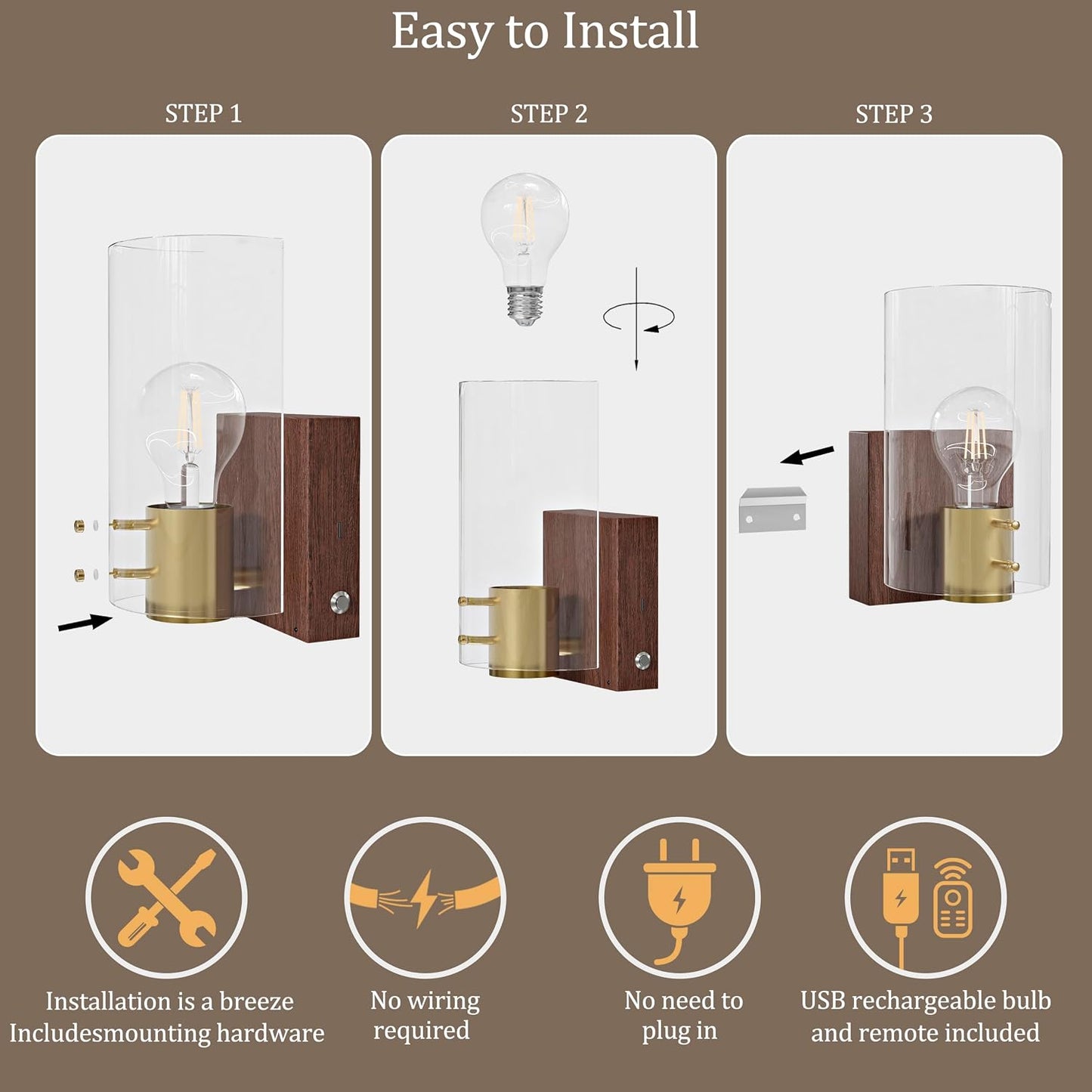 Modern Walnut Gold Battery Operated Wireless Wall Sconces Set of Two | Dimmable Rechargeable Wall Sconce with Remote