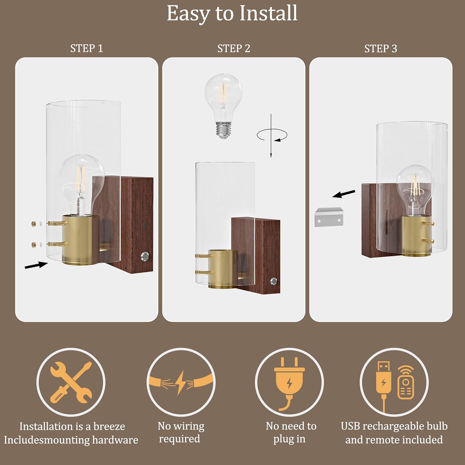 Modern Walnut Gold Battery Operated Wireless Wall Sconces Set of Two | Dimmable Rechargeable Wall Sconce with Remote