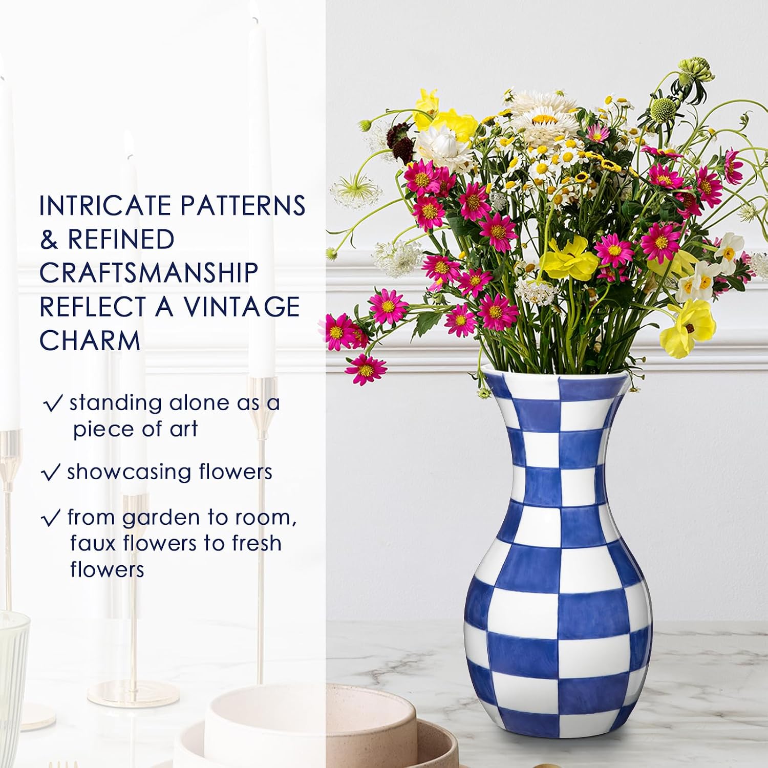 Tall Ceramic Vase in Wide Mouth Plain Pattern / # Plain Texture / Blue / 11 Inch